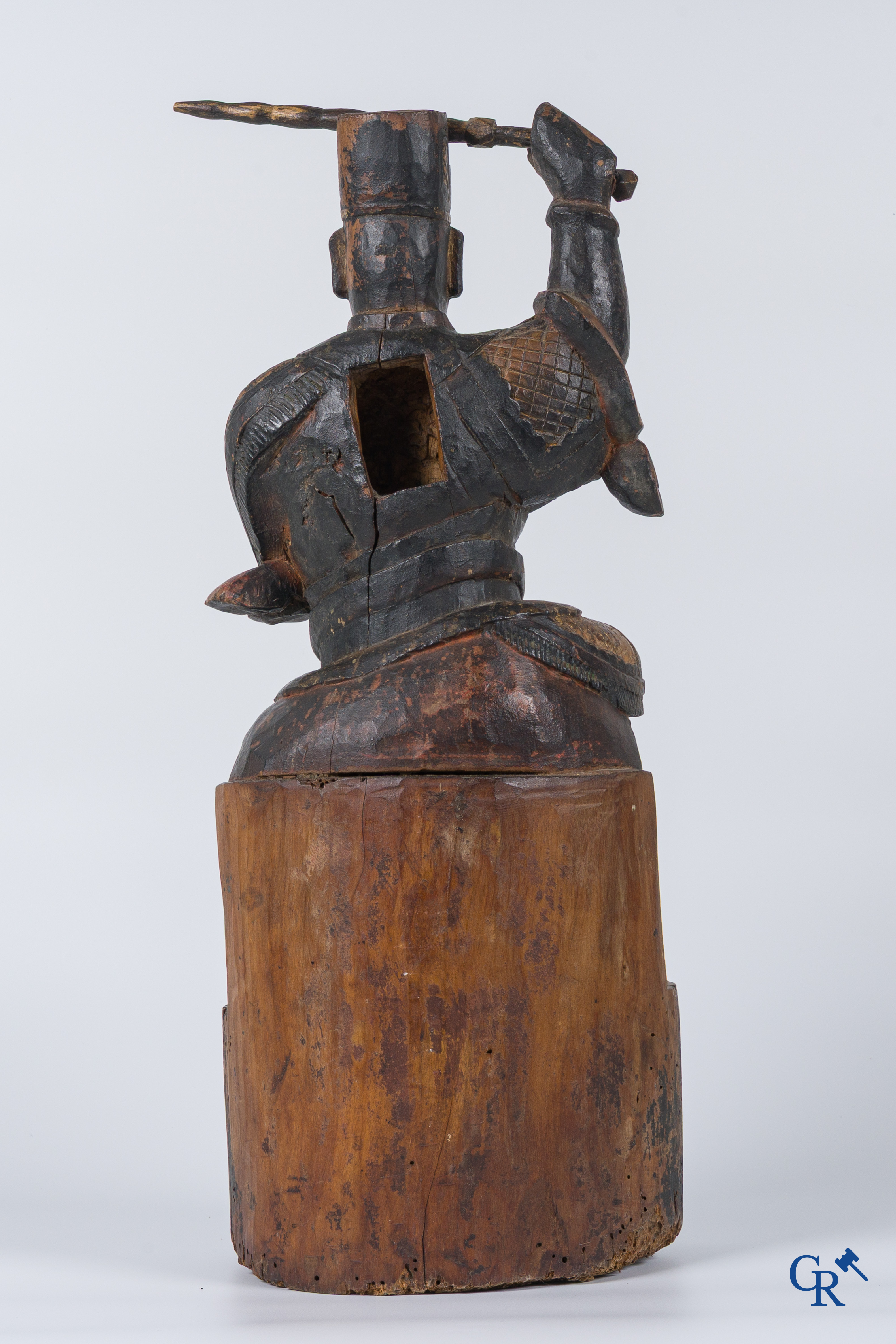 Asian Art, A Chinese antique wood sculpted and polychrome representation of a warrior.