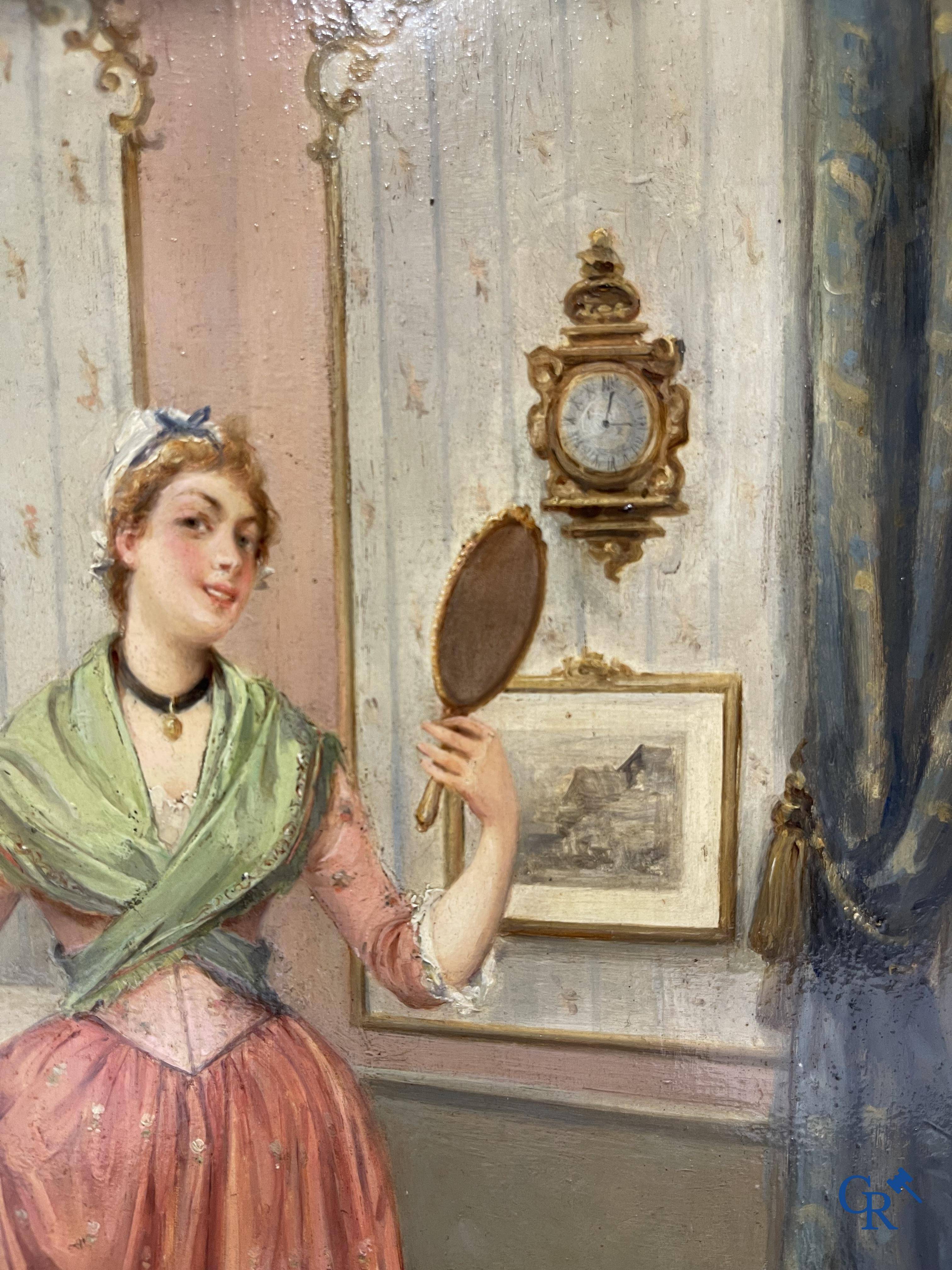 Eugène Benjamin Fichel (1826-1895) Romantic scene with beautiful gilded frame, oil on panel.