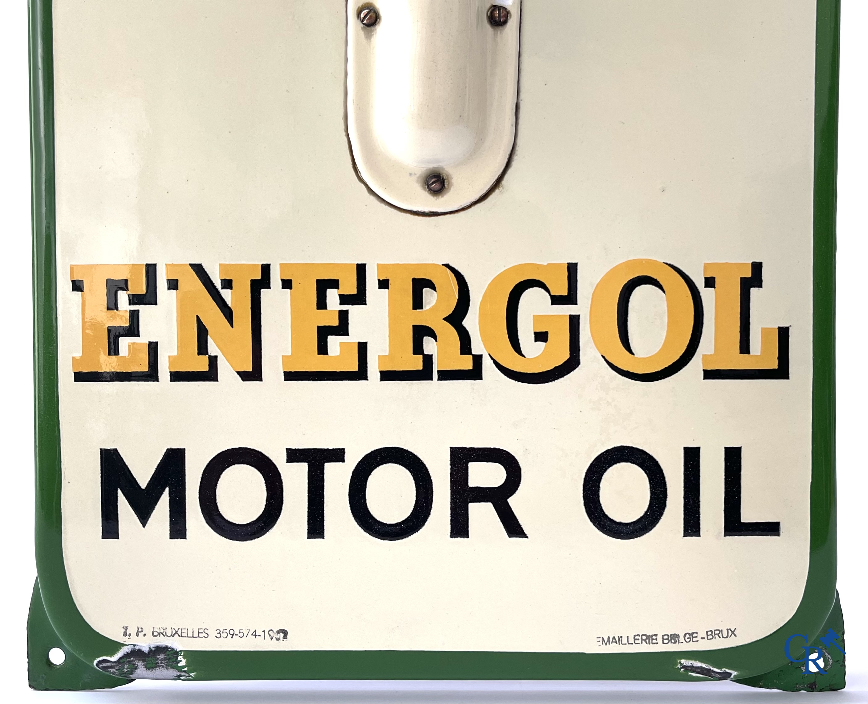 BP Motor Oil. An enamel advertising sign with integrated thermometer for BP motor oil. Emaillerie Belge. 1950's.