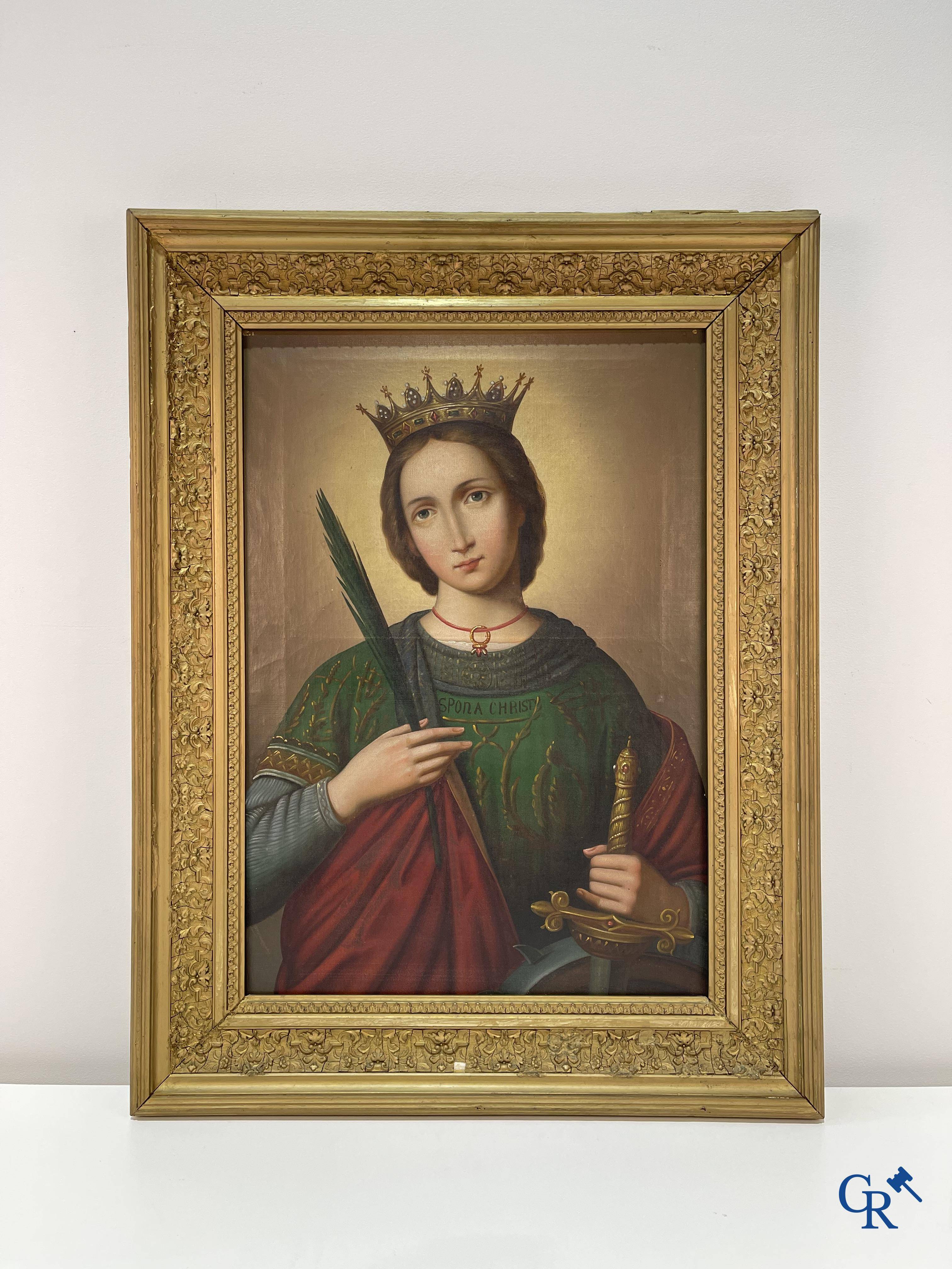 Beautiful painting of Catherine of Alexandria with sword and palm branch in neo Gothic style. Oil on canvas. 19th century.