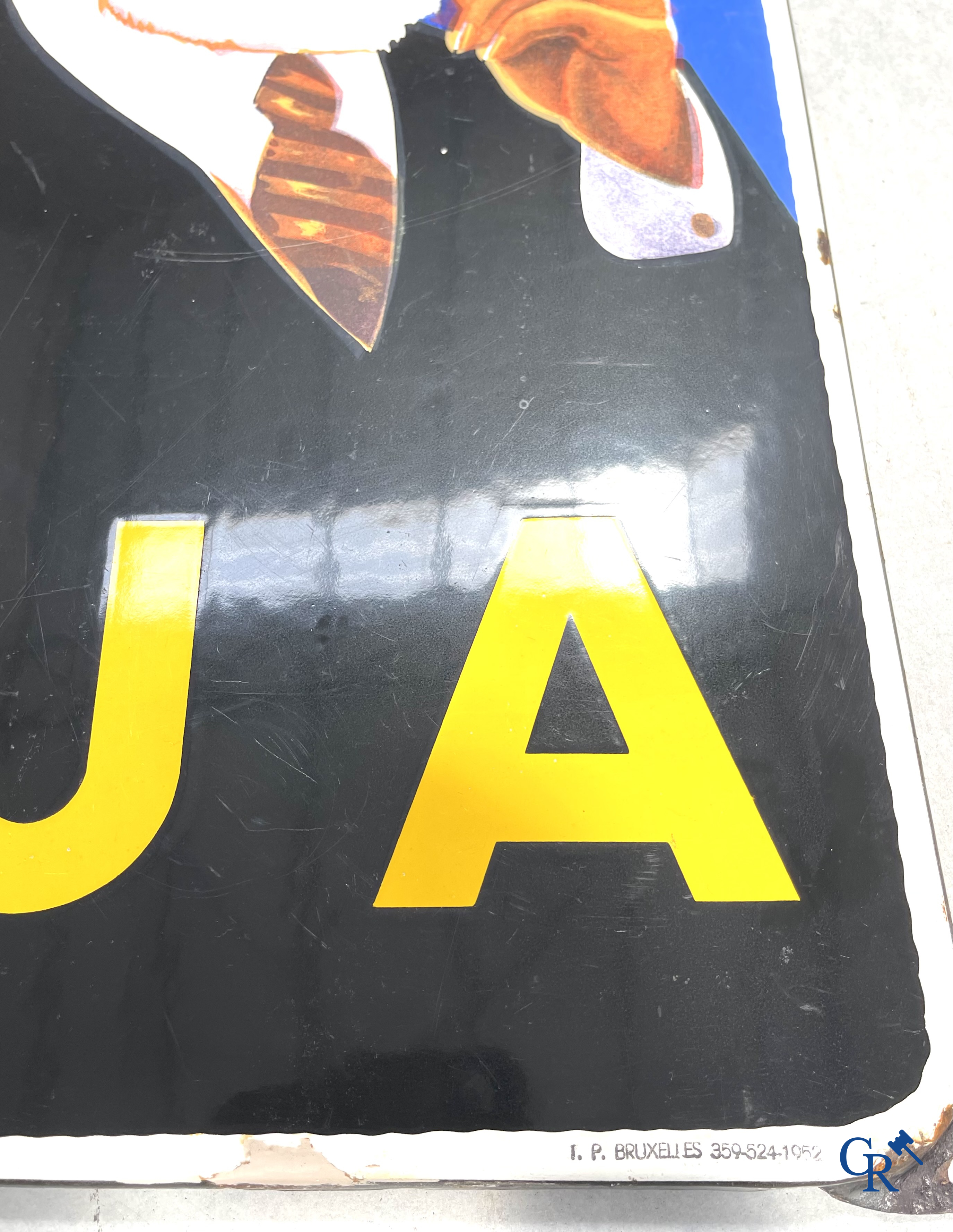 AJJA, Enamel advertising sign for AJJA tobacco products. Emaillerie Odon Warland. T.P. Bruxelles 1952.