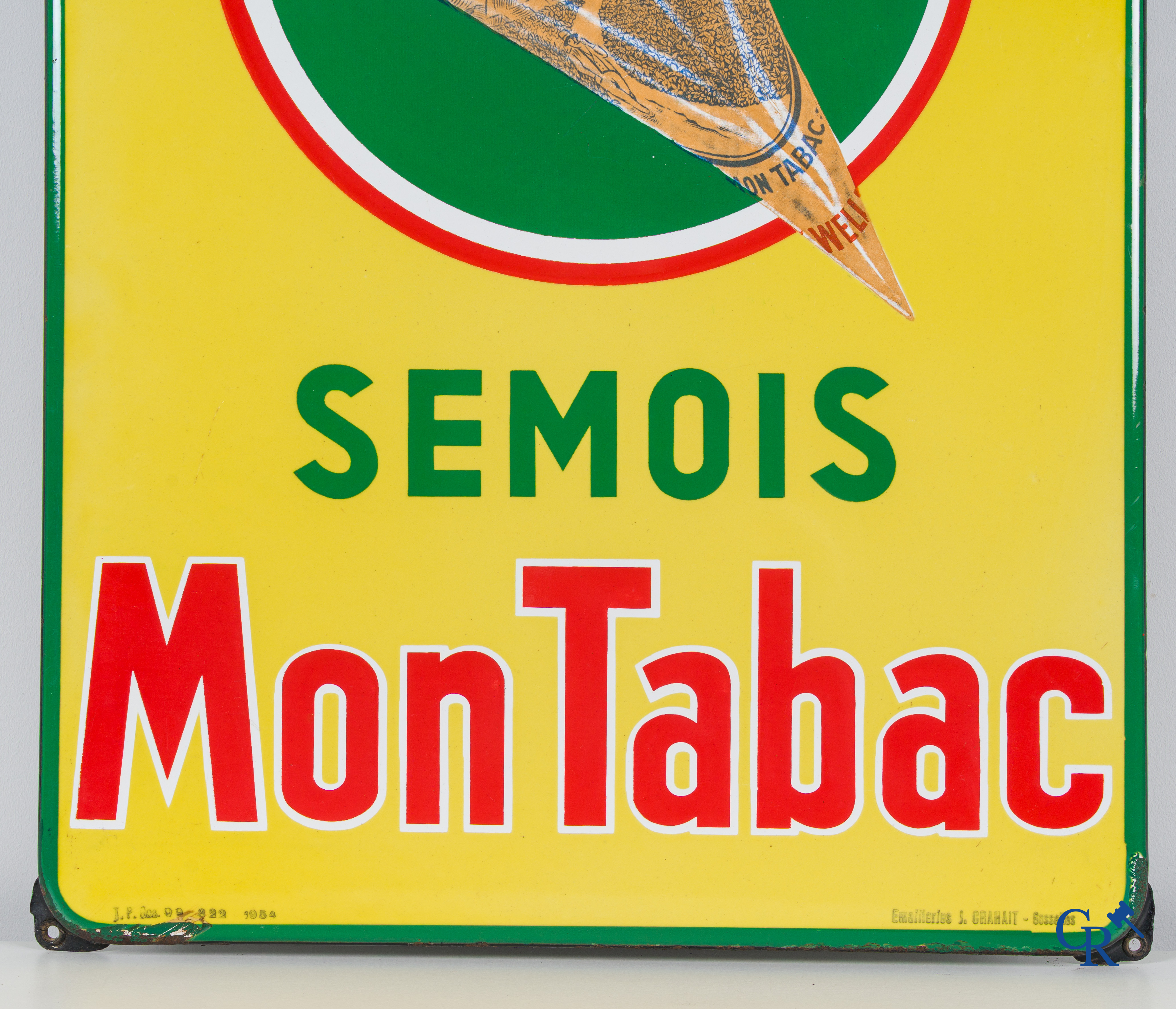 Semois Mon Tabac, Tabak Welta. A pair of enamel advertising signs for Achille Welle tobacco products. 1954.