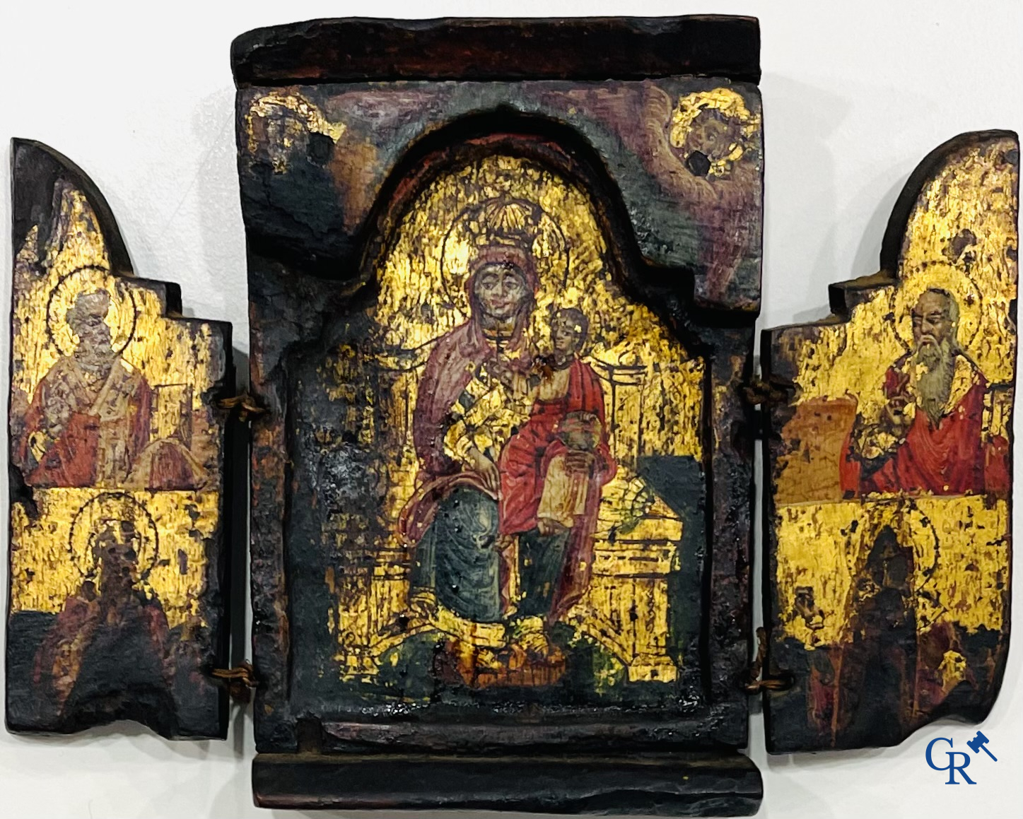 Greek Orthodox triptych icon, the Holy Mother of God with the Christ Child. Tempera on panel. 17th-18th century.