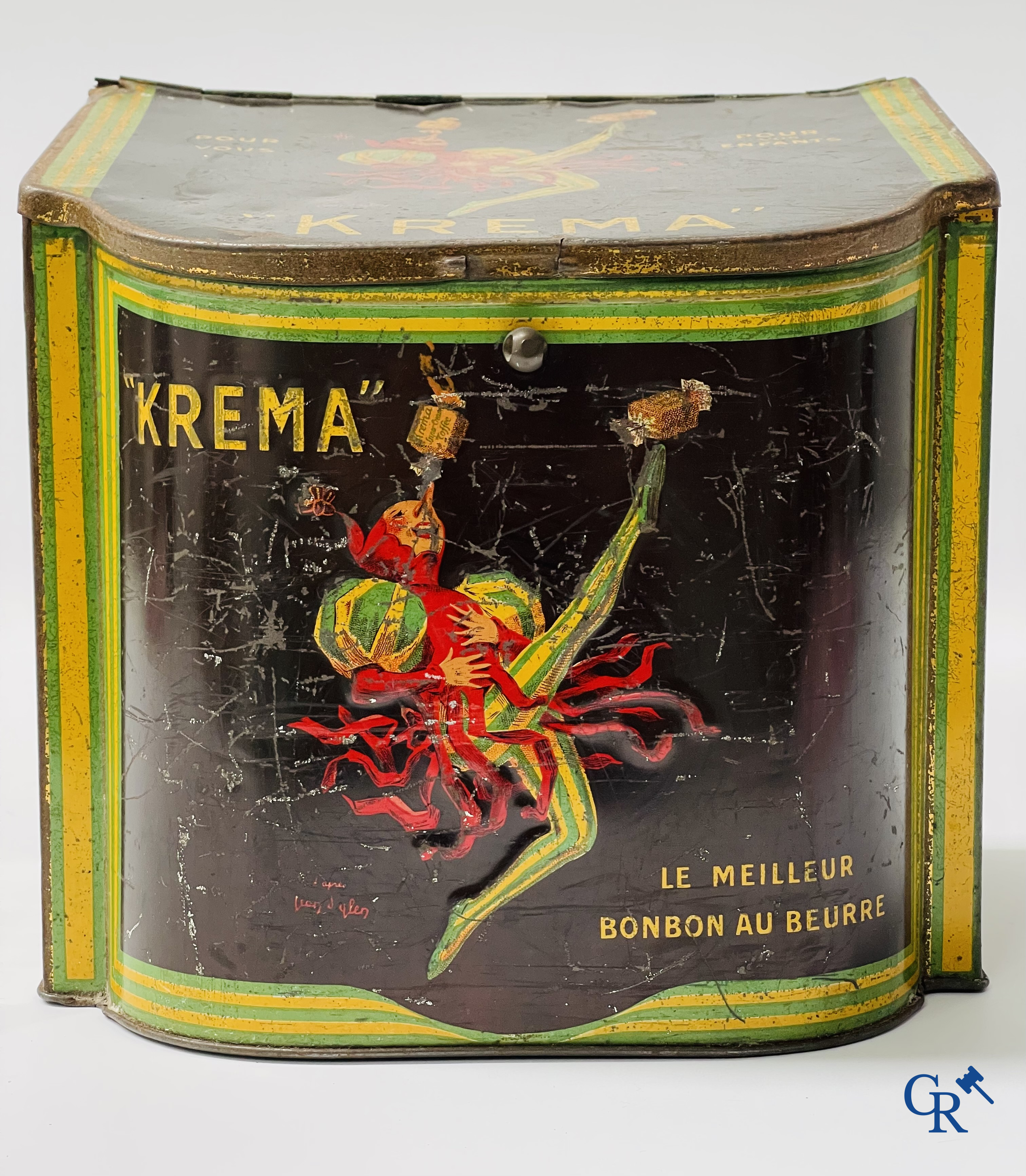 "Krema", Le meilleur bonbon au beurre. Blikdoos met een illustratie van Jean D'Ylen. G. De Andreis & Cie Marseille.