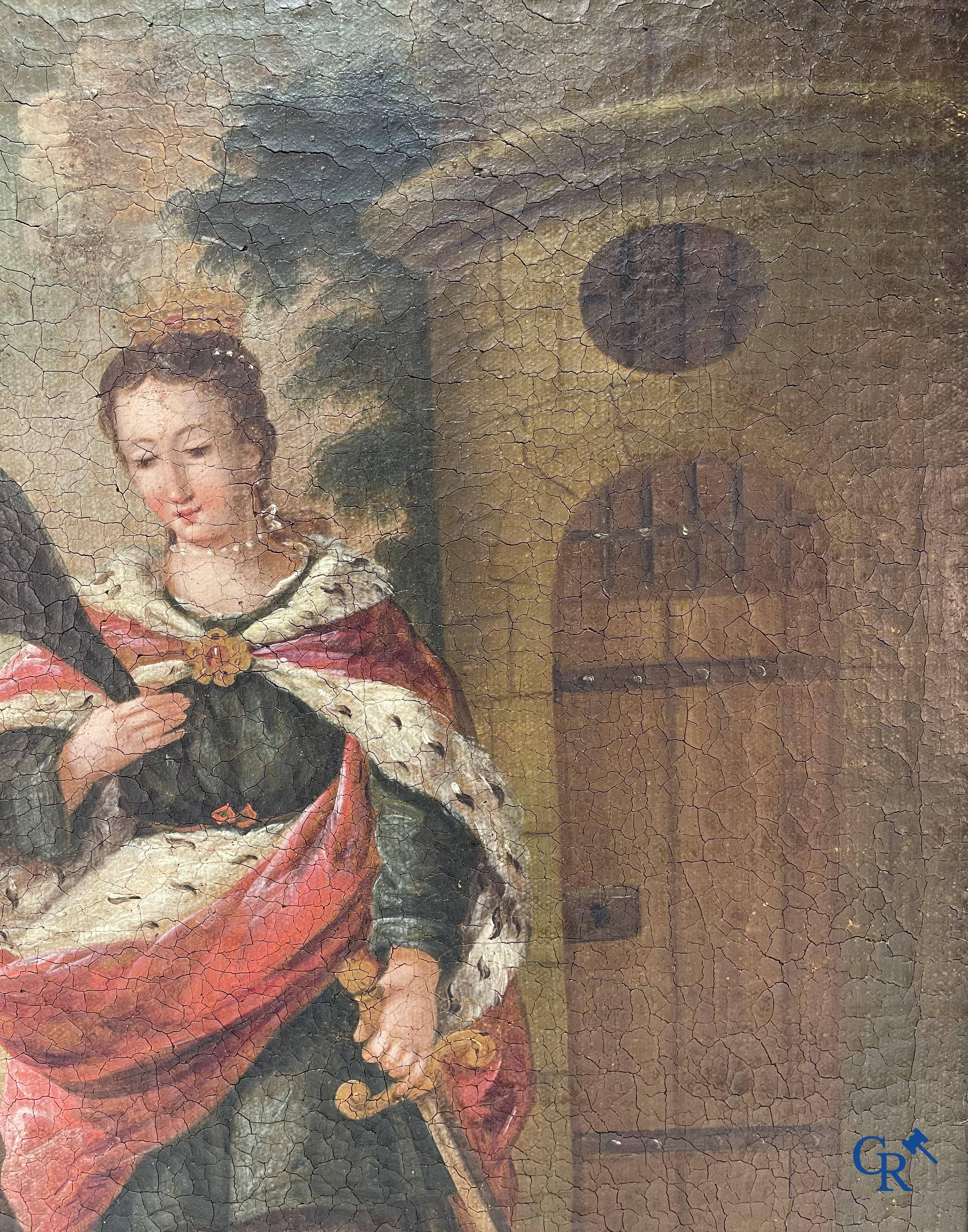 Religious painting, beautiful representation of Catherine of Alexandria at a tower. Early 18th century.