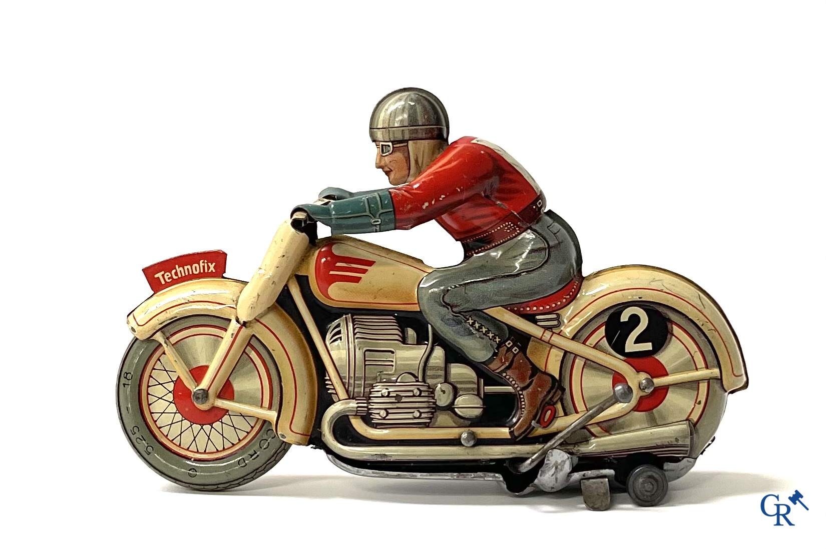 Technofix G.E. 255. Een mechanisch blikken speelgoed motorfiets. Made in U.S. - zone Germany.