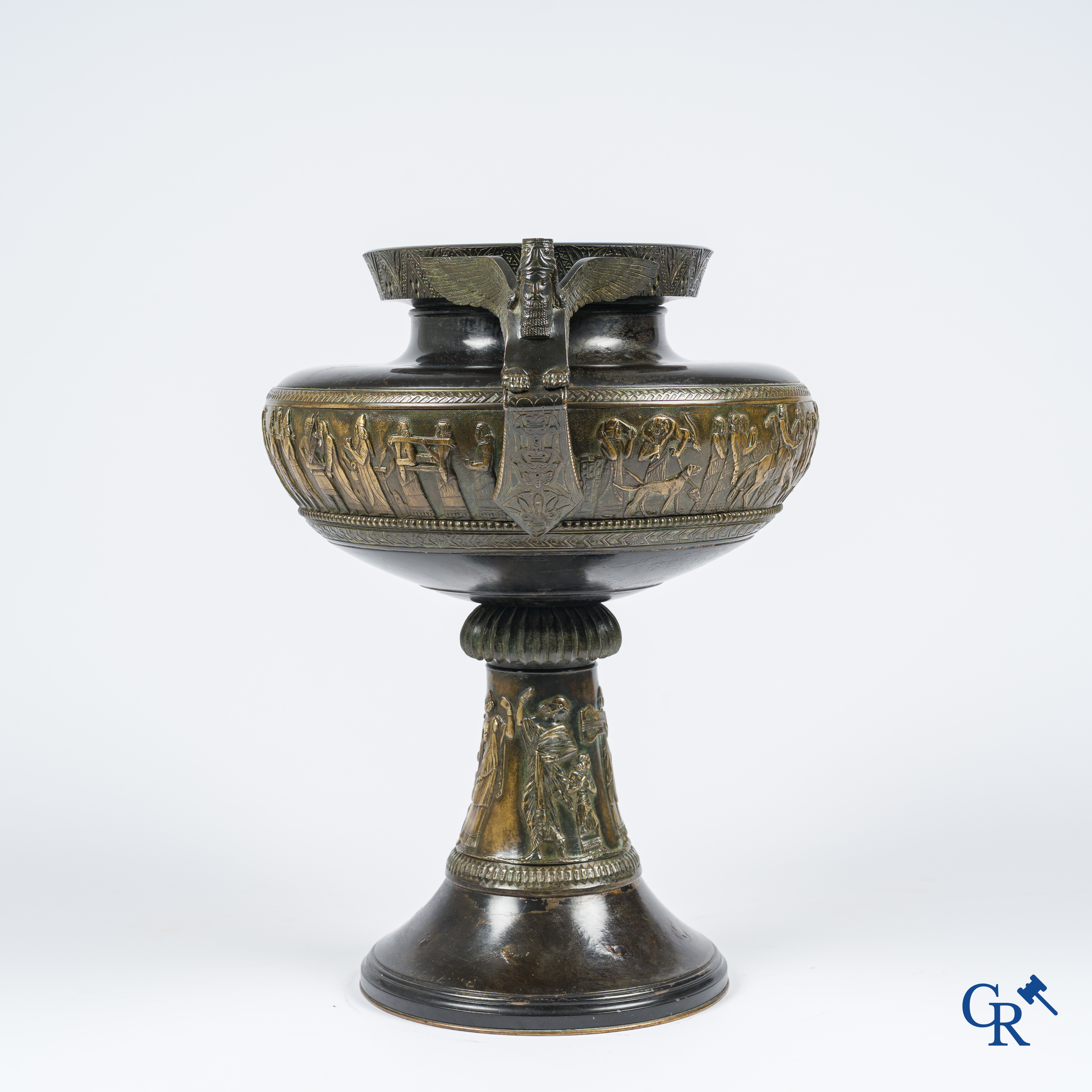 Charles Stanislas Matifat (1820-1875) Bronze Kylix-shaped vase with Lamassu handles. France circa 1860.