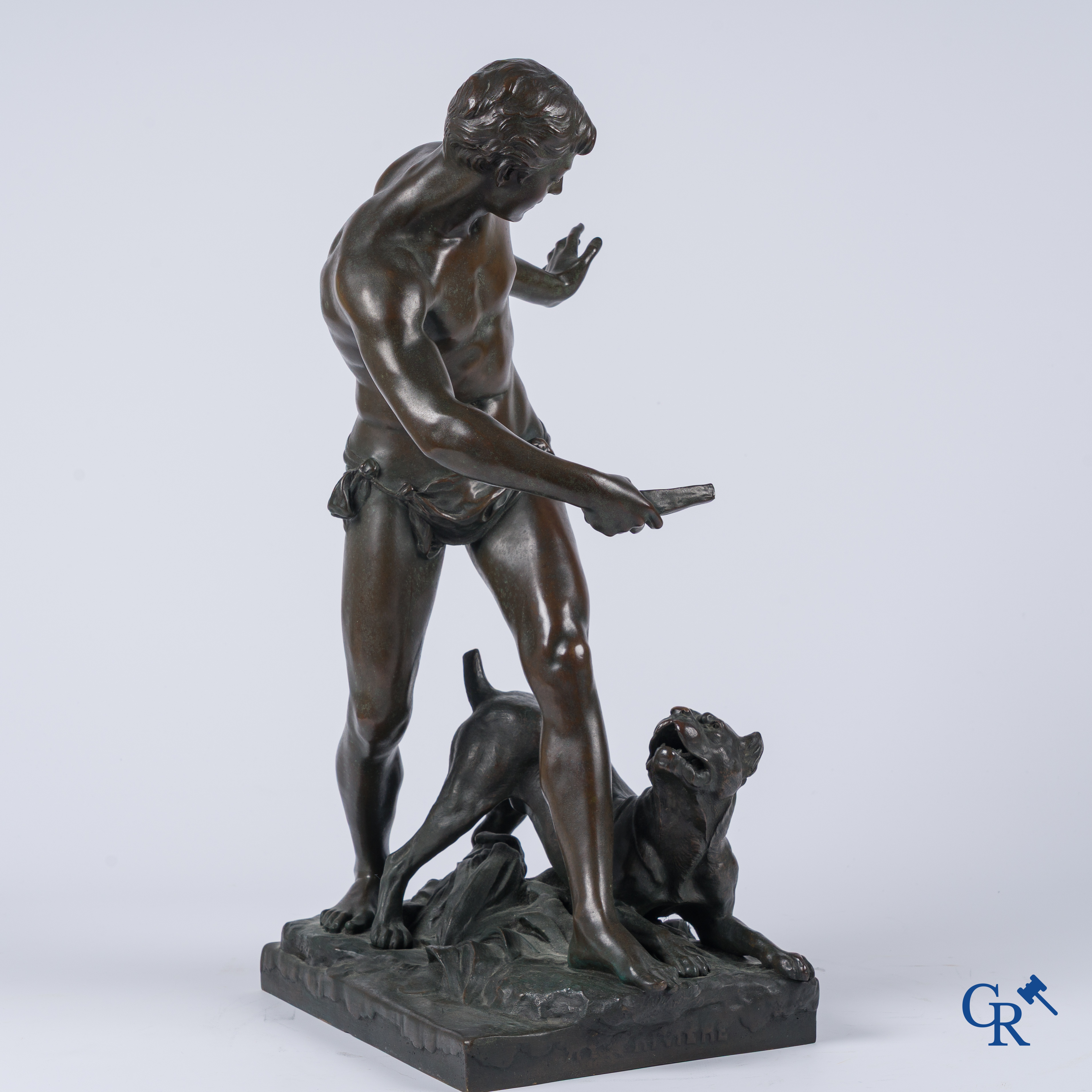 Emmanuel Fontaine, Bronze. "A la Rivière" Boy with dog. Signed E. Fontaine.