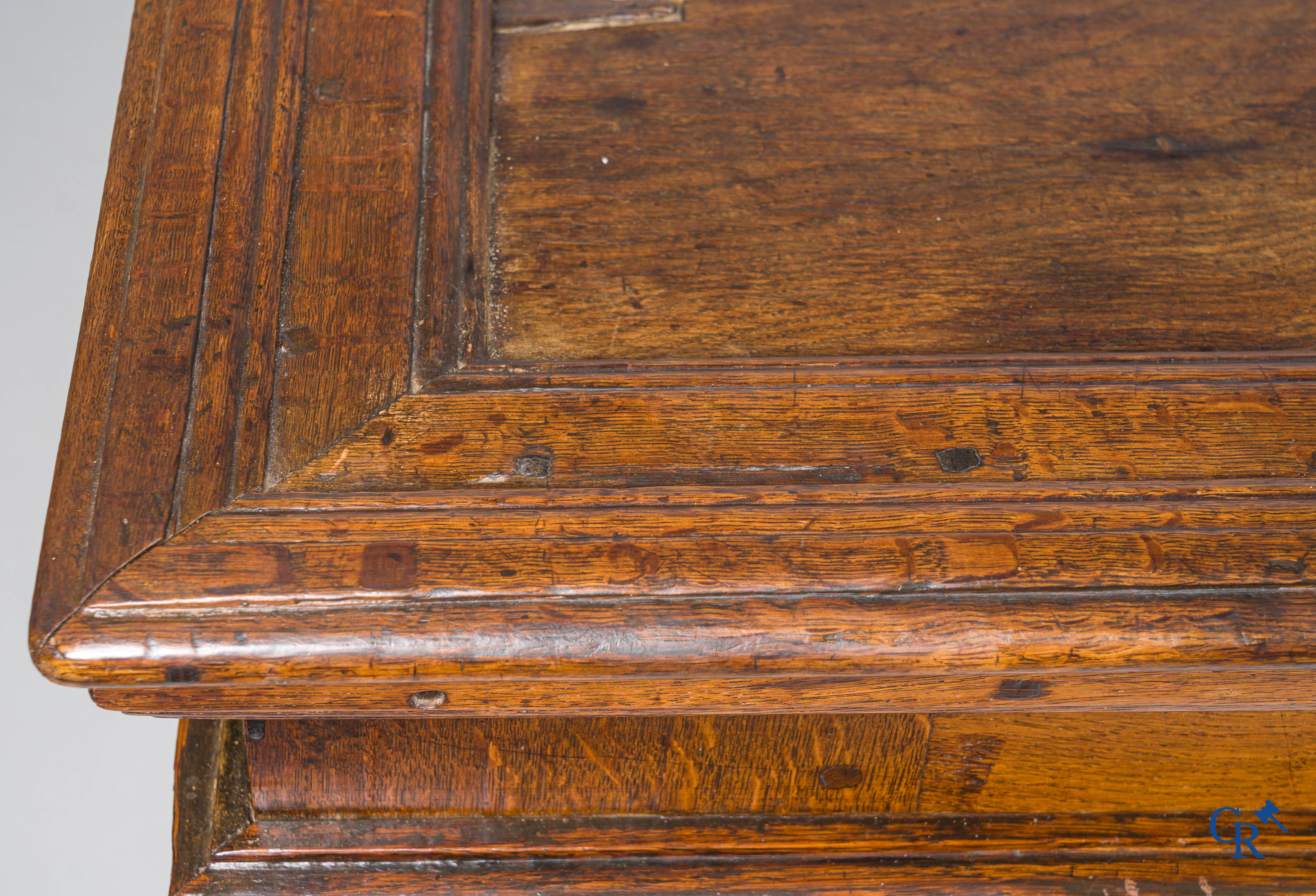 Oak trunk with original wrought iron lock work. Beautiful patina. 18th century.