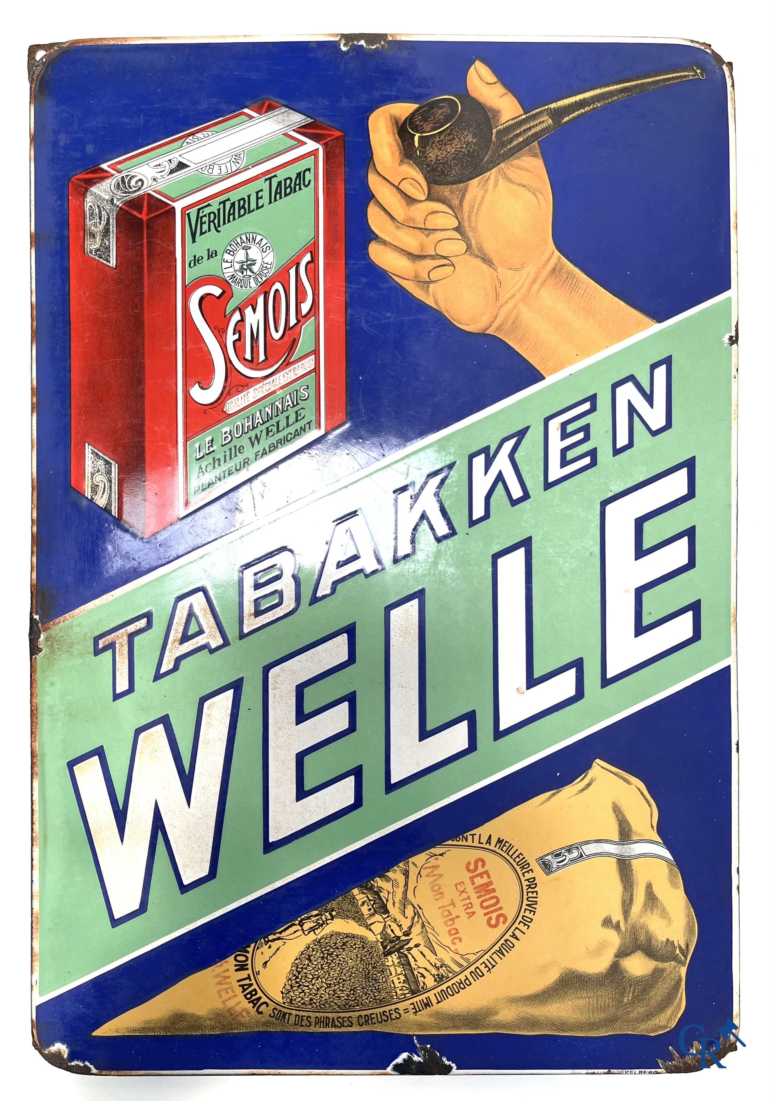 Tabacs Welle, enamel advertising sign for the tobacco of Achille Welle, Véritable Tabac de la Semois.
