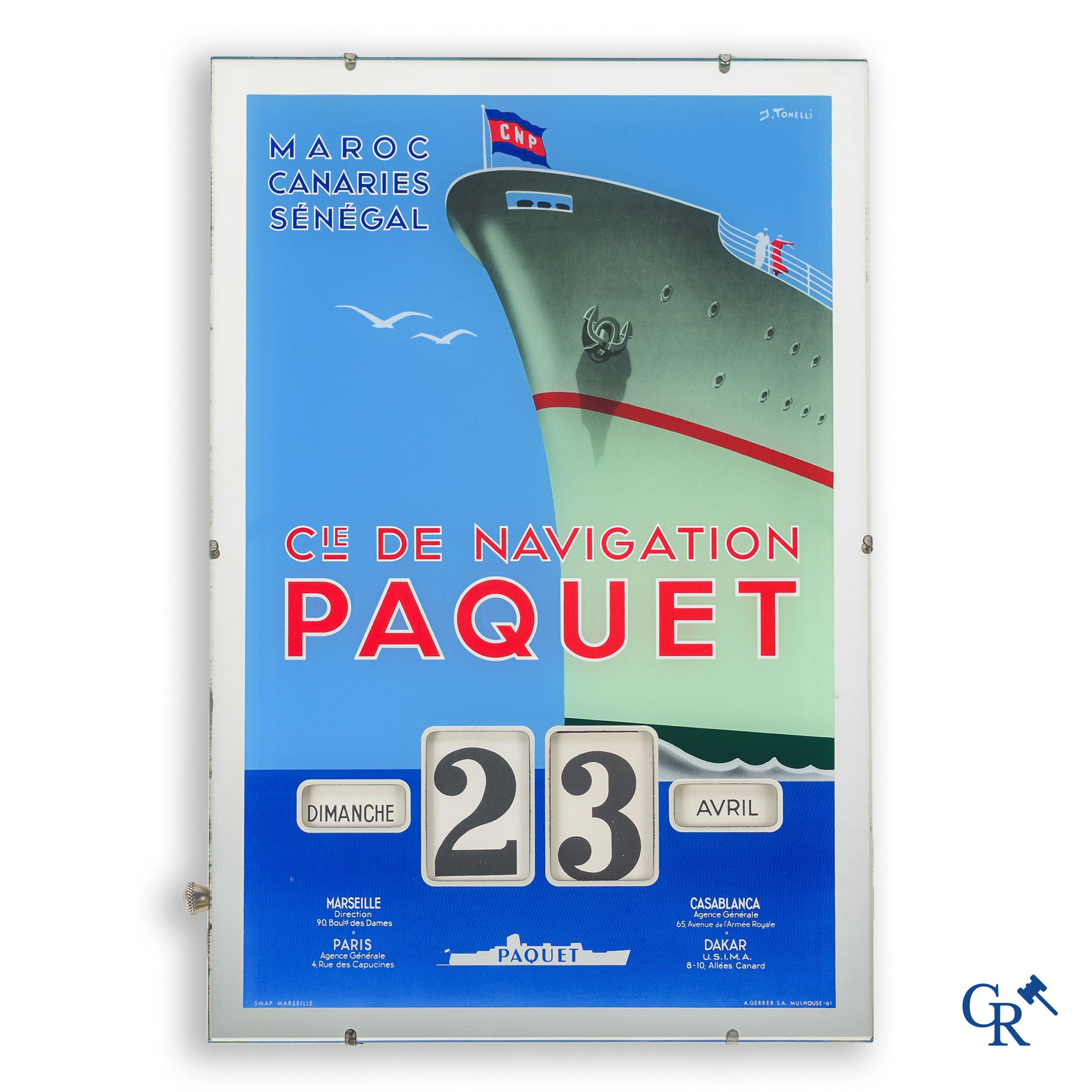 Paquet, Compagnie de navigation. Publiciteitskalender gedrukt op glas. Ontwerp van J. Tonelli. 60'er jaren.