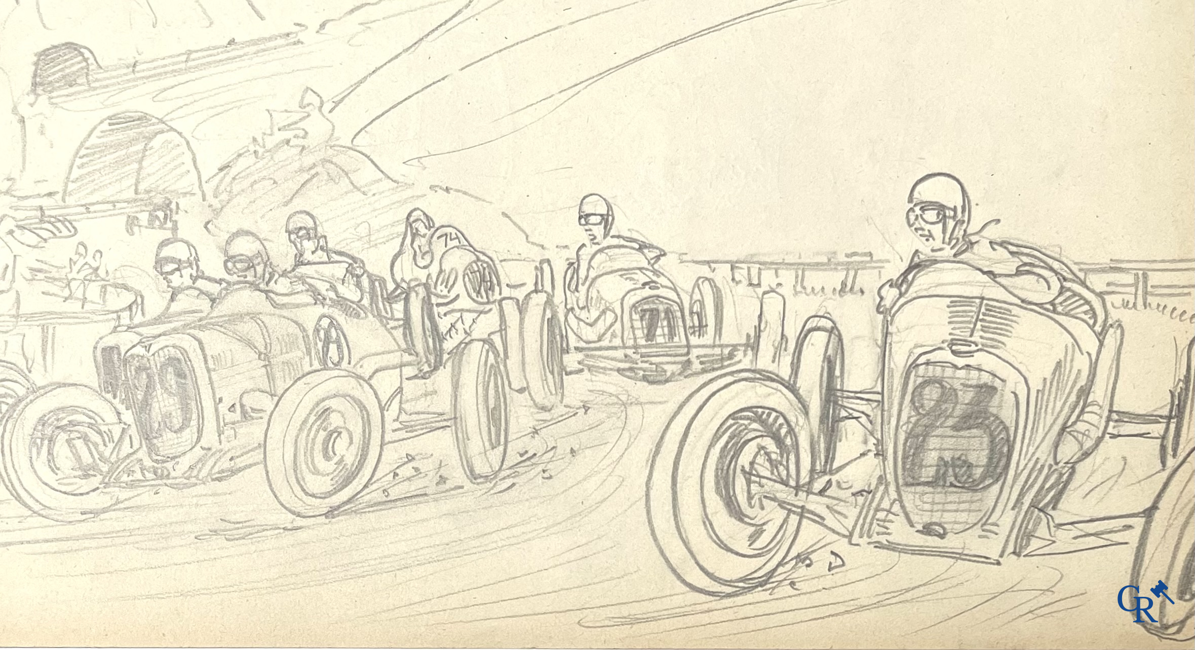 Géo Ham (Georges Hamel 1900-1972), "La Course Automobile" Schets, potlood op papier. Jaren '30.