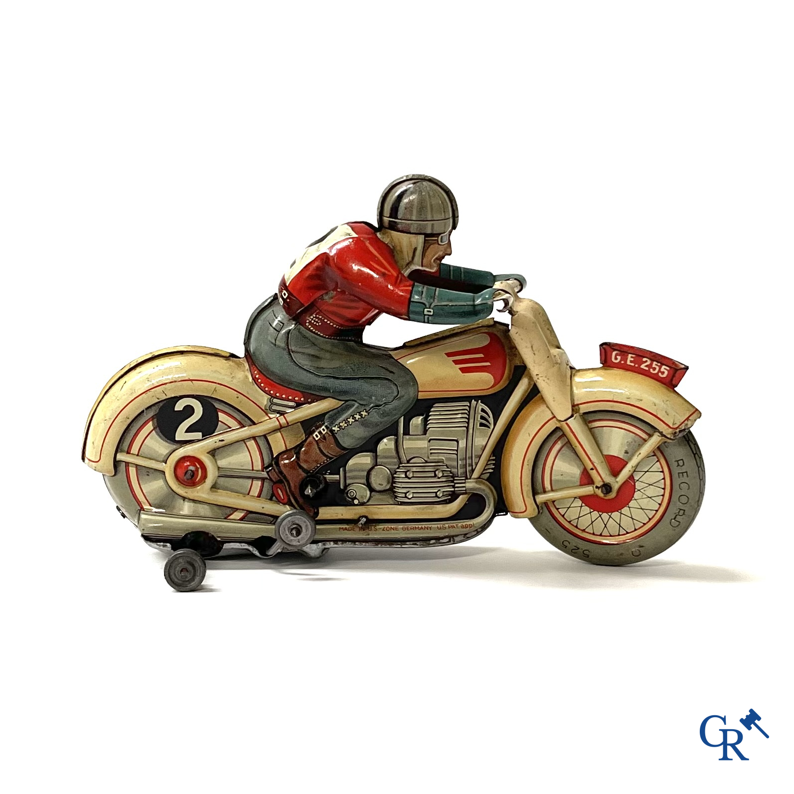 Technofix G.E. 255. Een mechanisch blikken speelgoed motorfiets. Made in U.S. - zone Germany.
