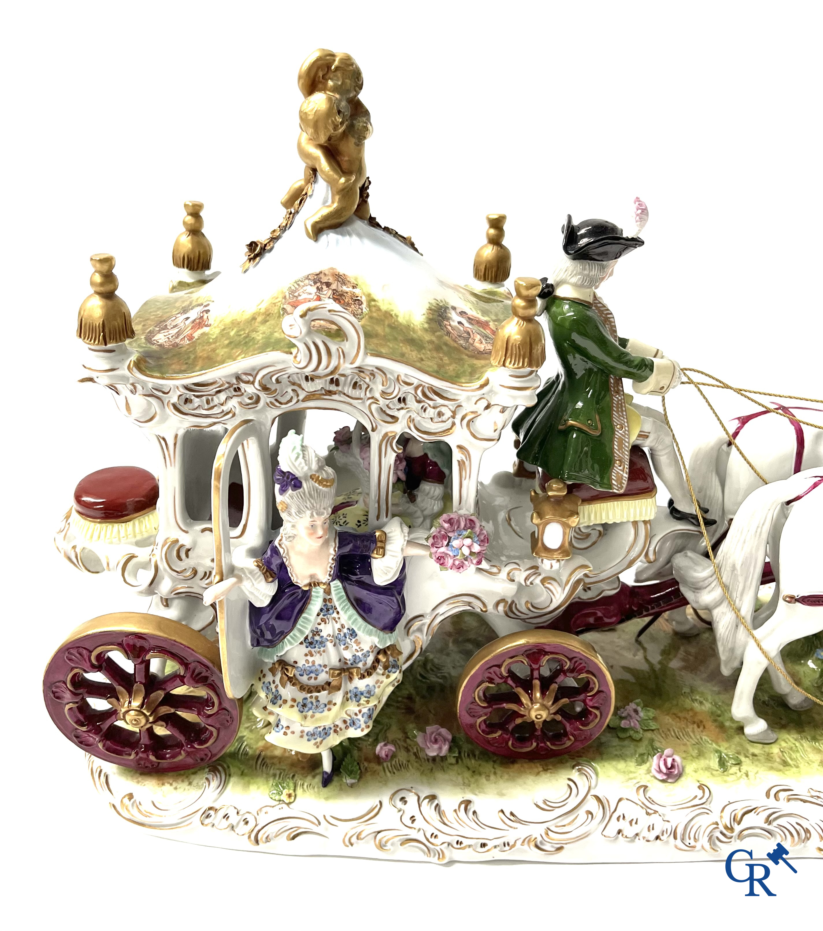 European porcelain. A large horse carriage in Saxon porcelain. Marked.