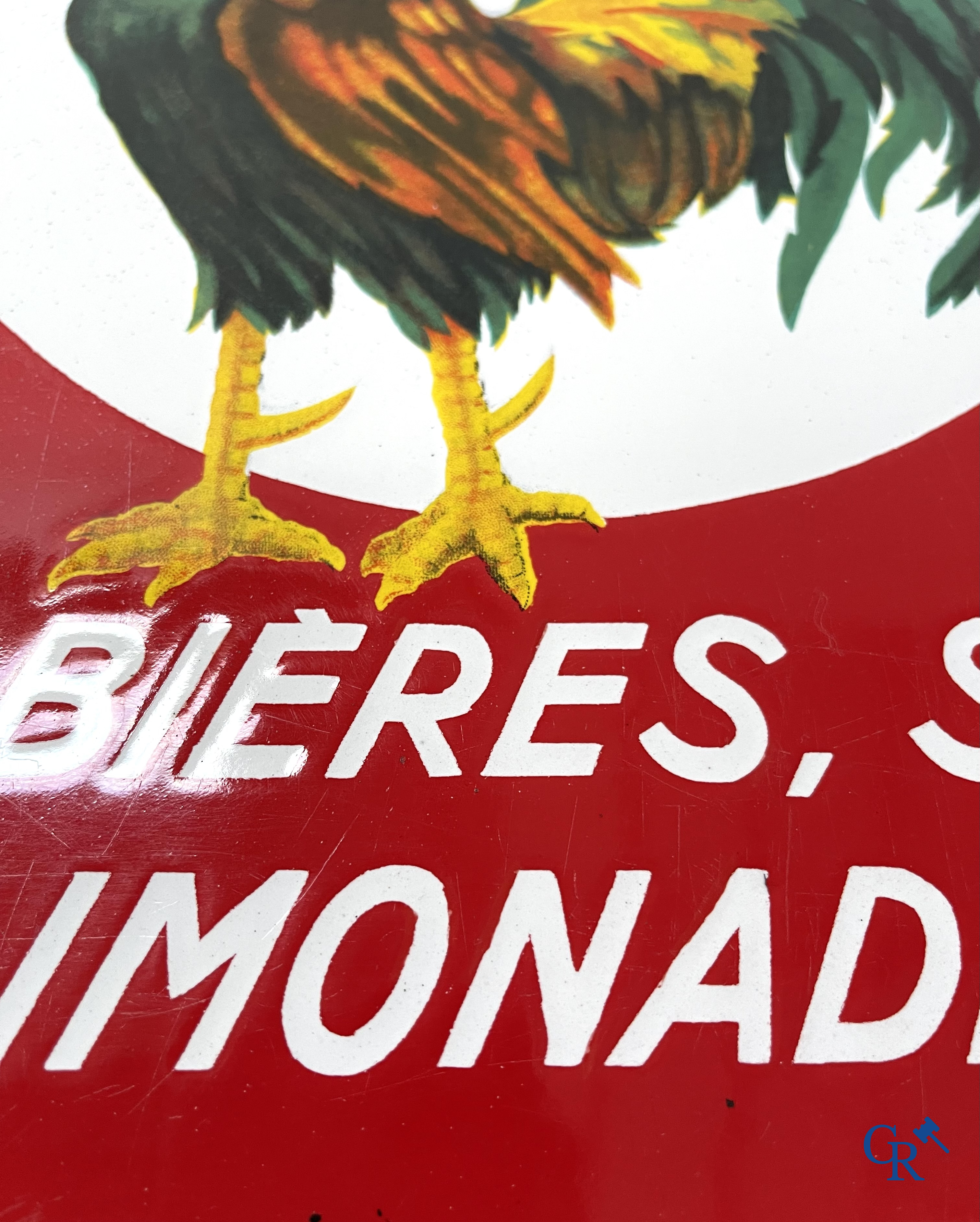 Brasserie du Coq Ardennais, Plaque émaillée publicitaire pour bières, sodas et limonades de la brasserie Ebling à Vireux.