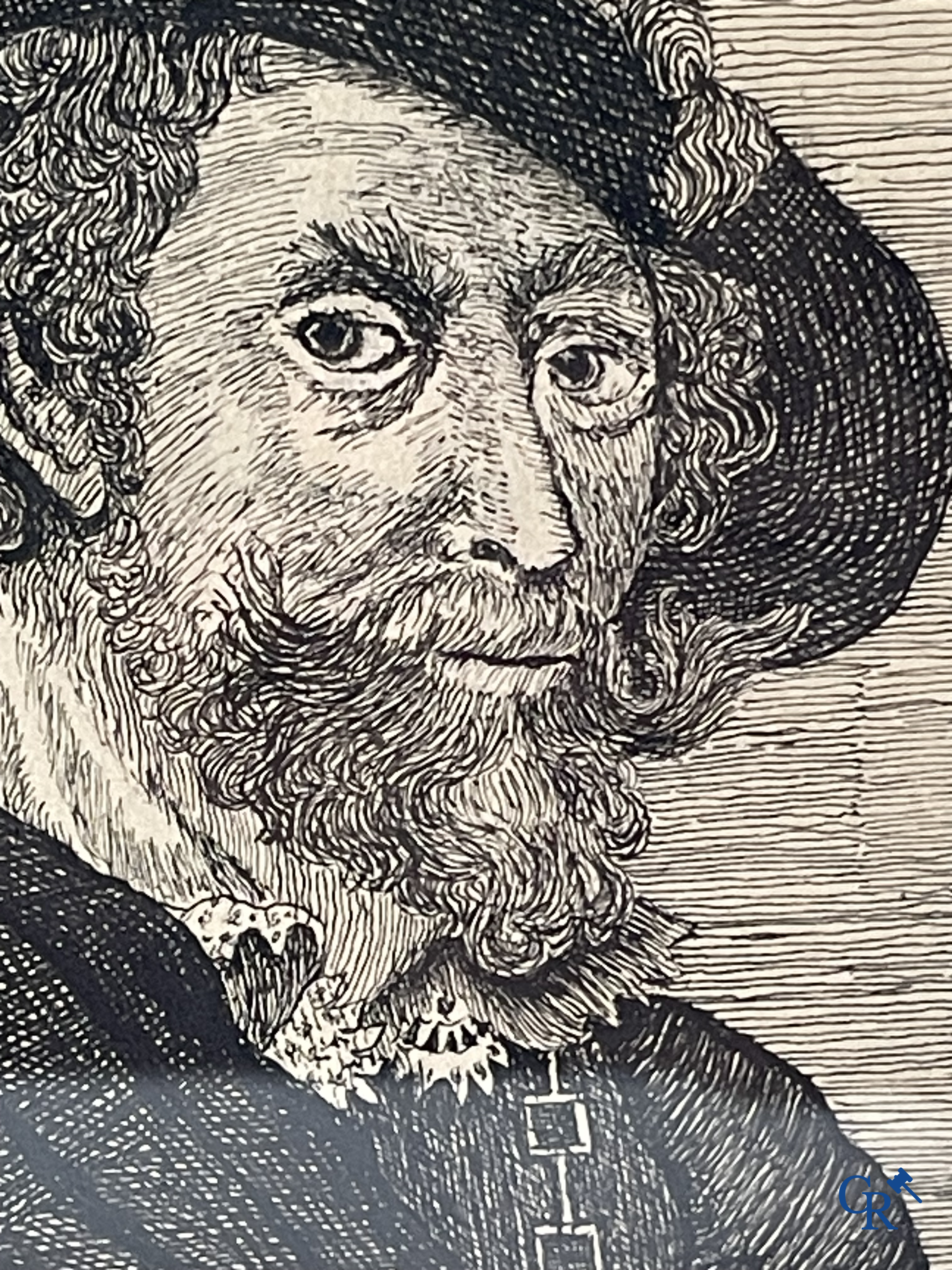 A pair of portrait paintings after Rembrandt Van Rijn, oil on panel, 2 portrait pen drawings attached. 19th century.