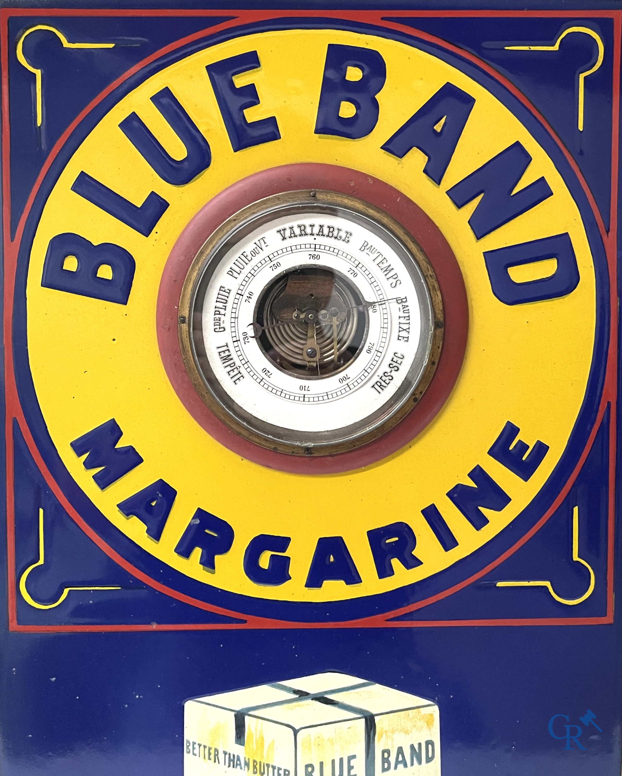 Blue Band Margarine, Rare enamelled advertising barometer in a wooden frame for Blue Band. 1920's.