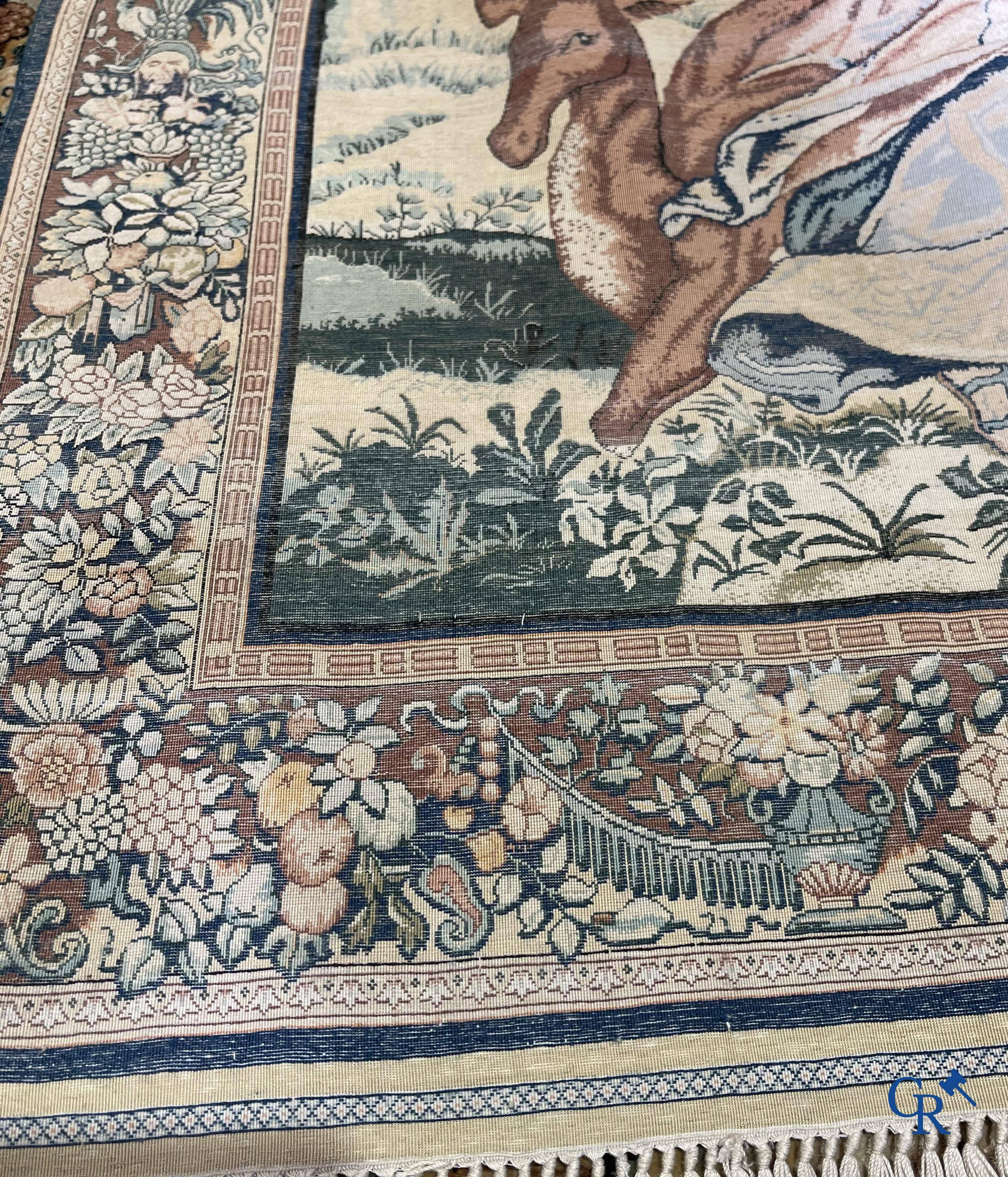 Oriental carpets, a finely knotted silk tapestry with Renaissance scenes. Signed.