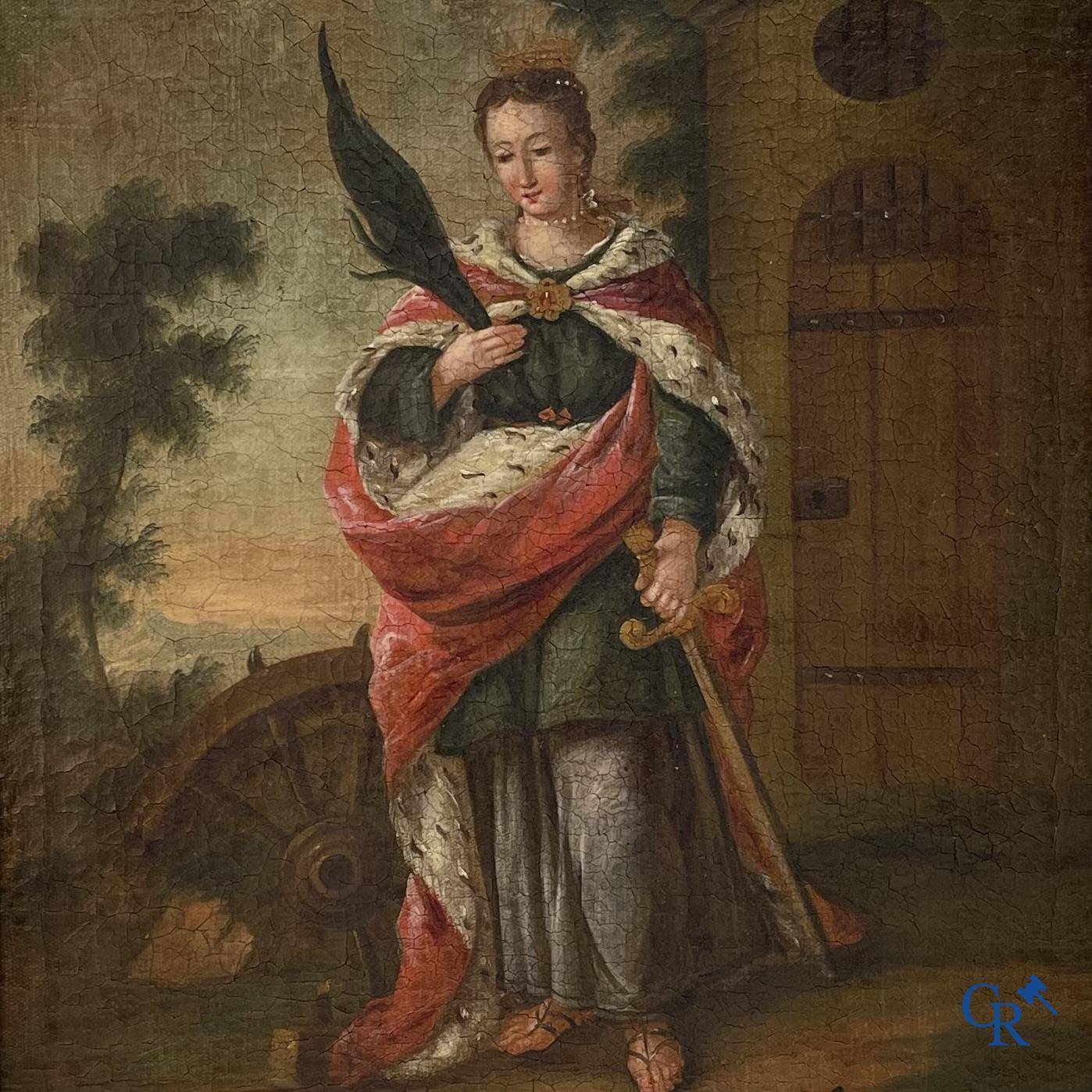 Religious painting, beautiful representation of Catherine of Alexandria at a tower. Early 18th century.