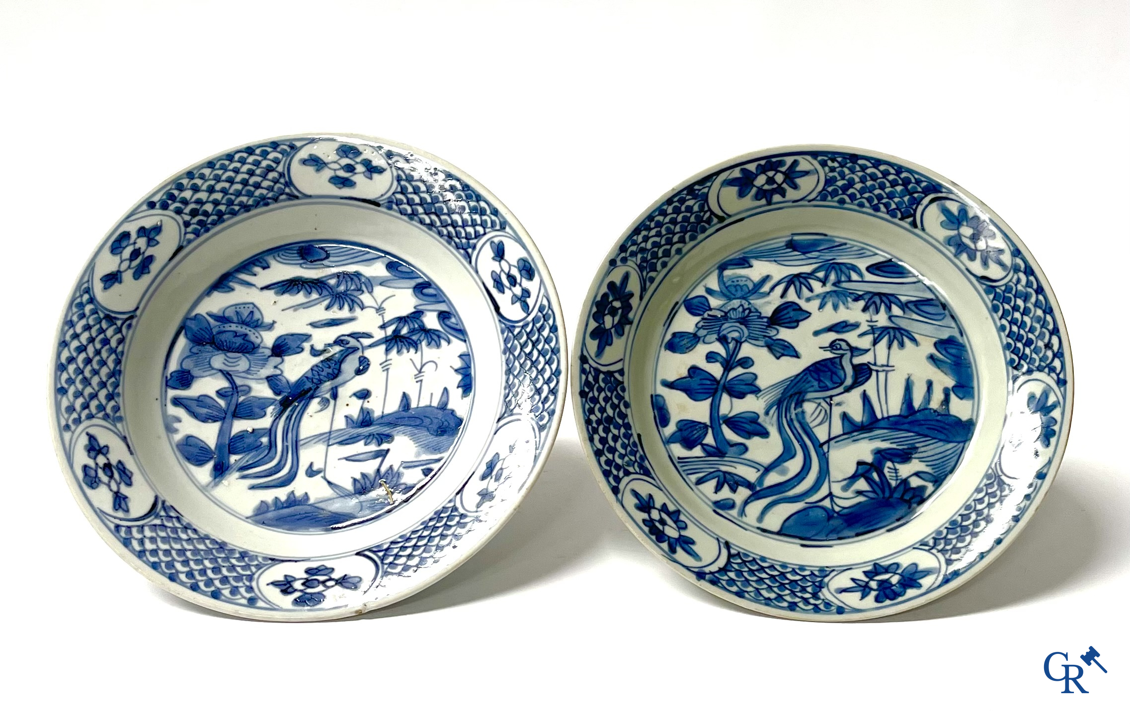 Asian Art, A pair of large Swatow Chinese blue and white dishes decorated with a peacock. Ming Dynasty. Late XVI century.
