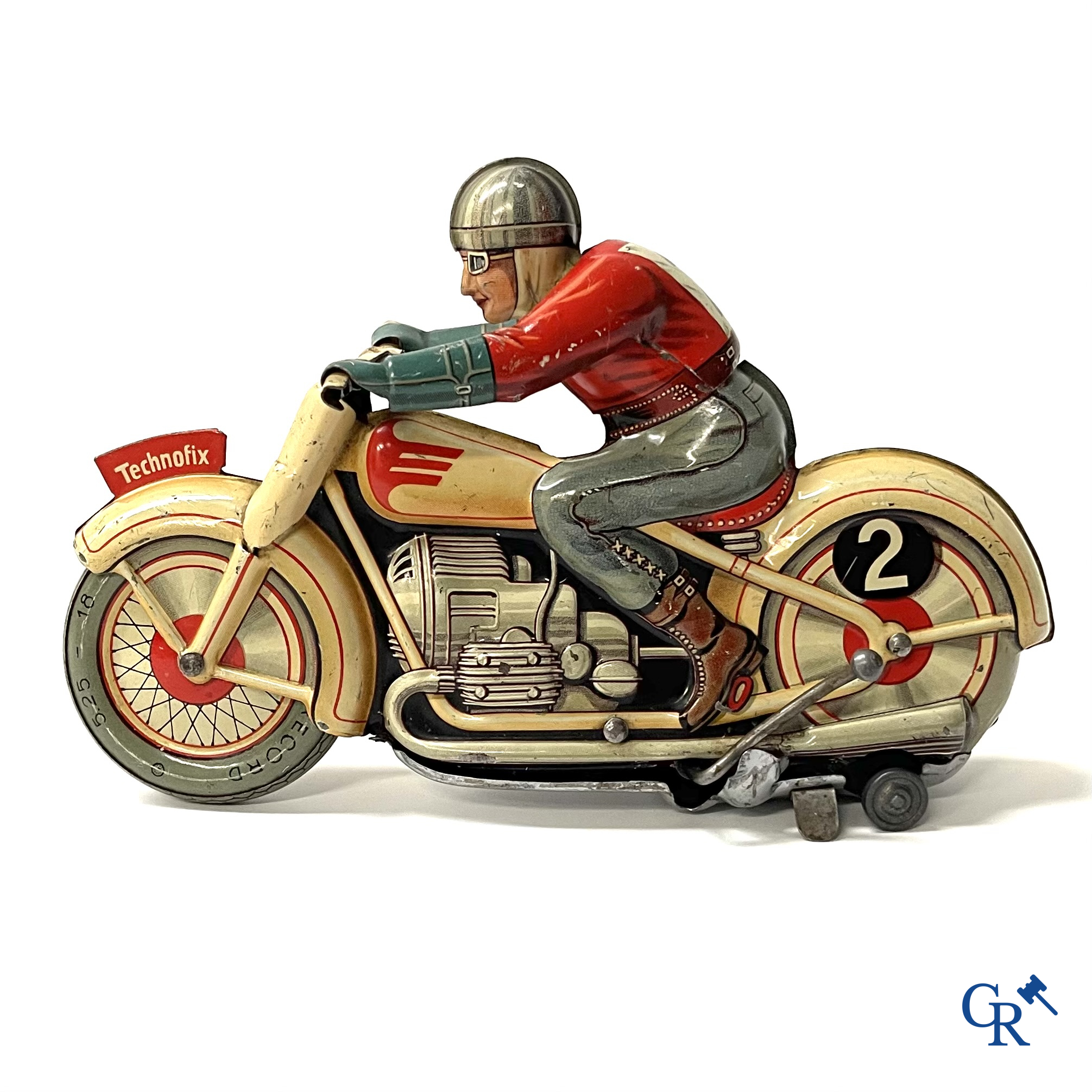 Technofix G.E. 255. Een mechanisch blikken speelgoed motorfiets. Made in U.S. - zone Germany.