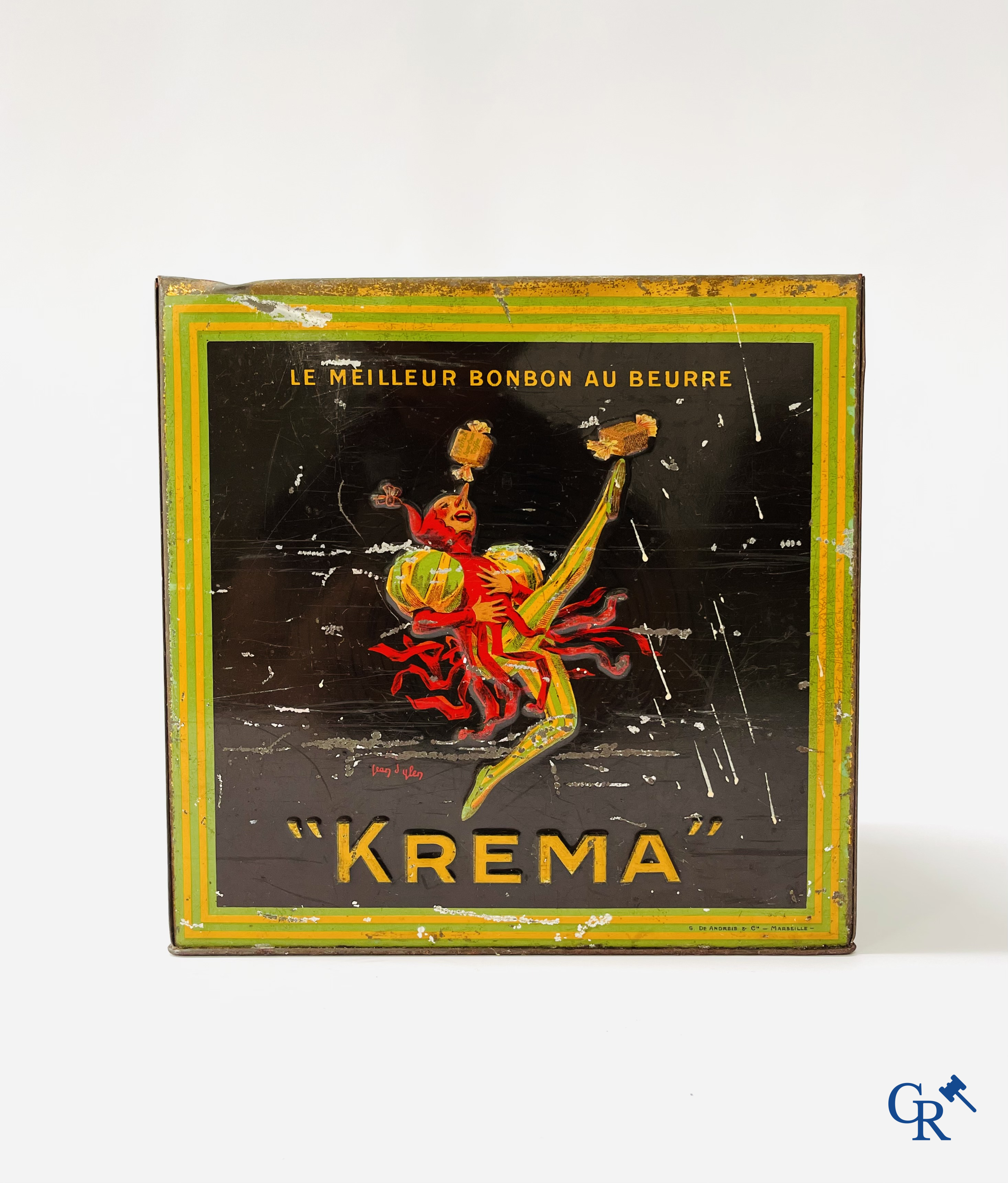 "Krema", Le meilleur bonbon au beurre. Blikdoos met een illustratie van Jean D'Ylen. G. De Andreis & Cie Marseille.