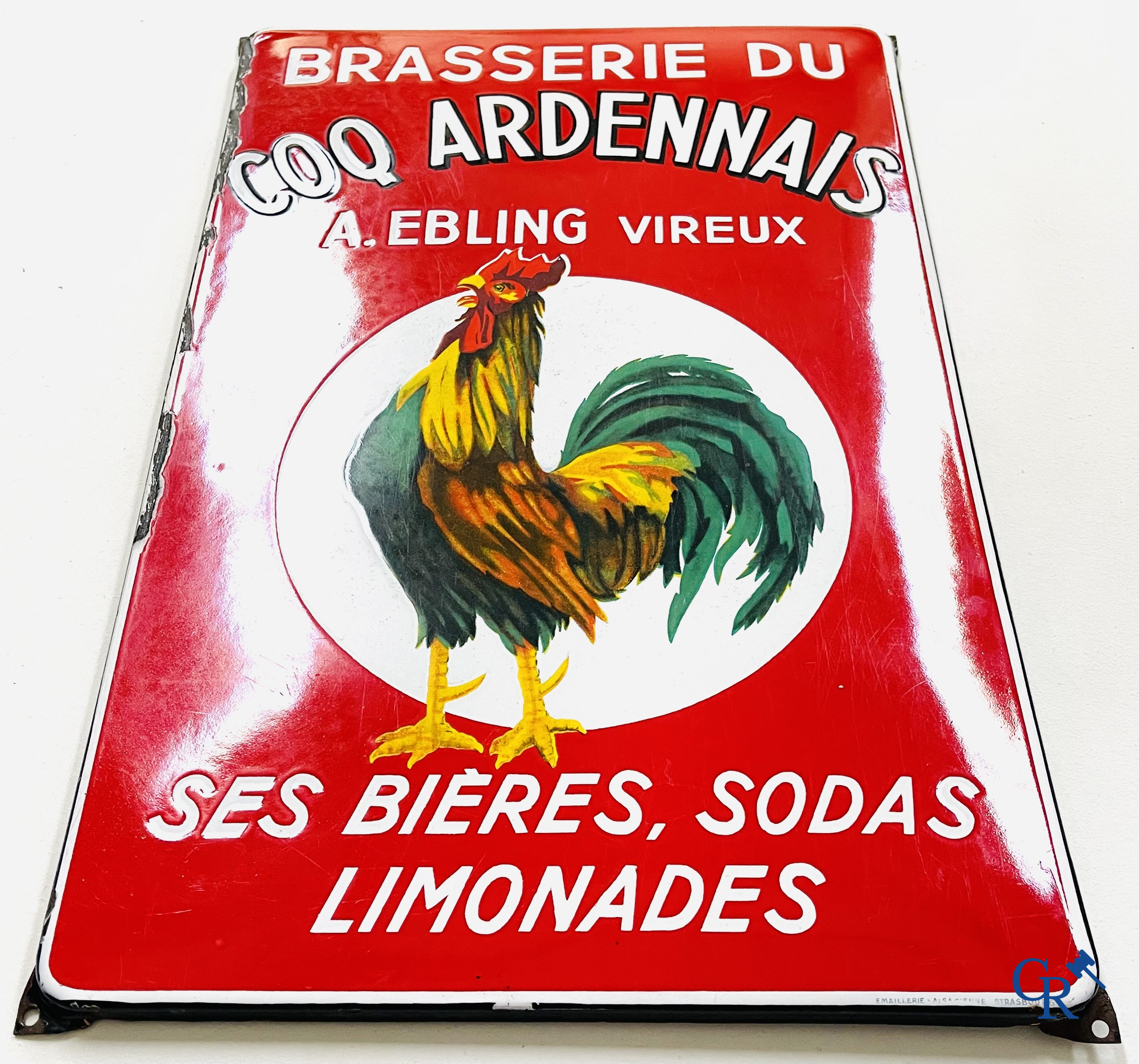 Brasserie du Coq Ardennais, Plaque émaillée publicitaire pour bières, sodas et limonades de la brasserie Ebling à Vireux.