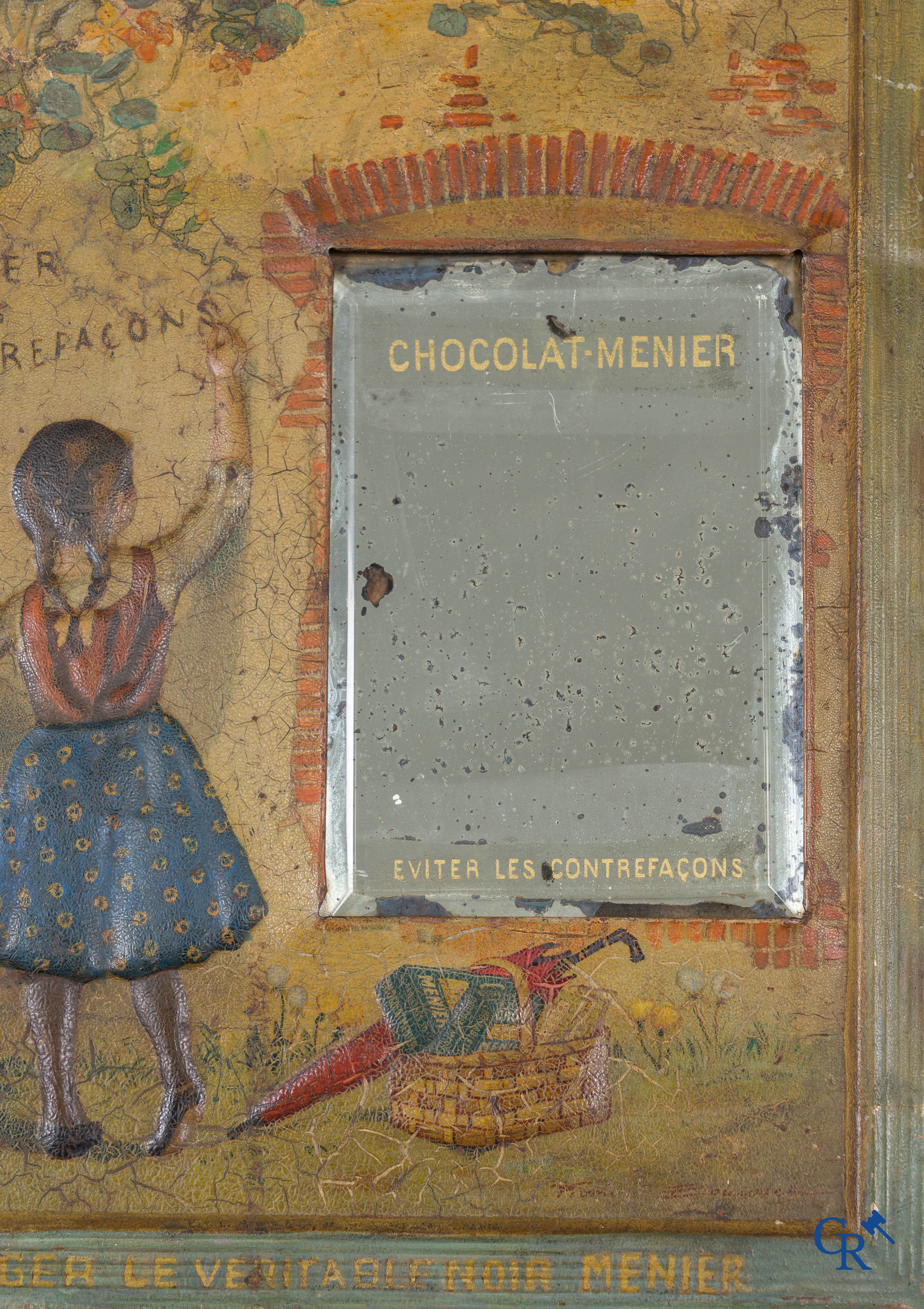 Chocolat Menier, d'après Firmin Bouisset, miroir publicitaire sur tôle peinte. Vers 1920.