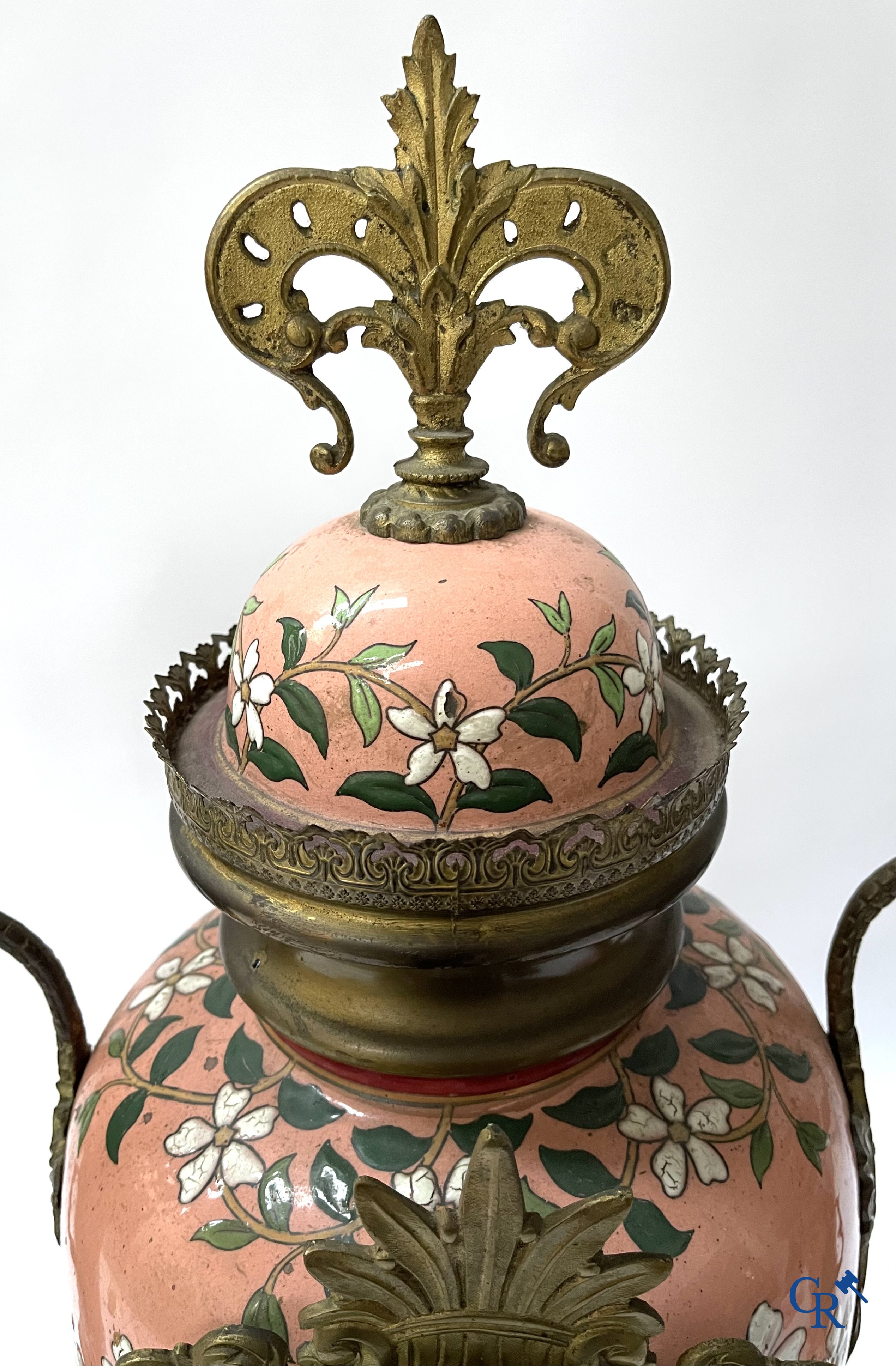 A large 3-piece fireplace set in enamelled faience and bronze. Art Nouveau. Circa 1900.