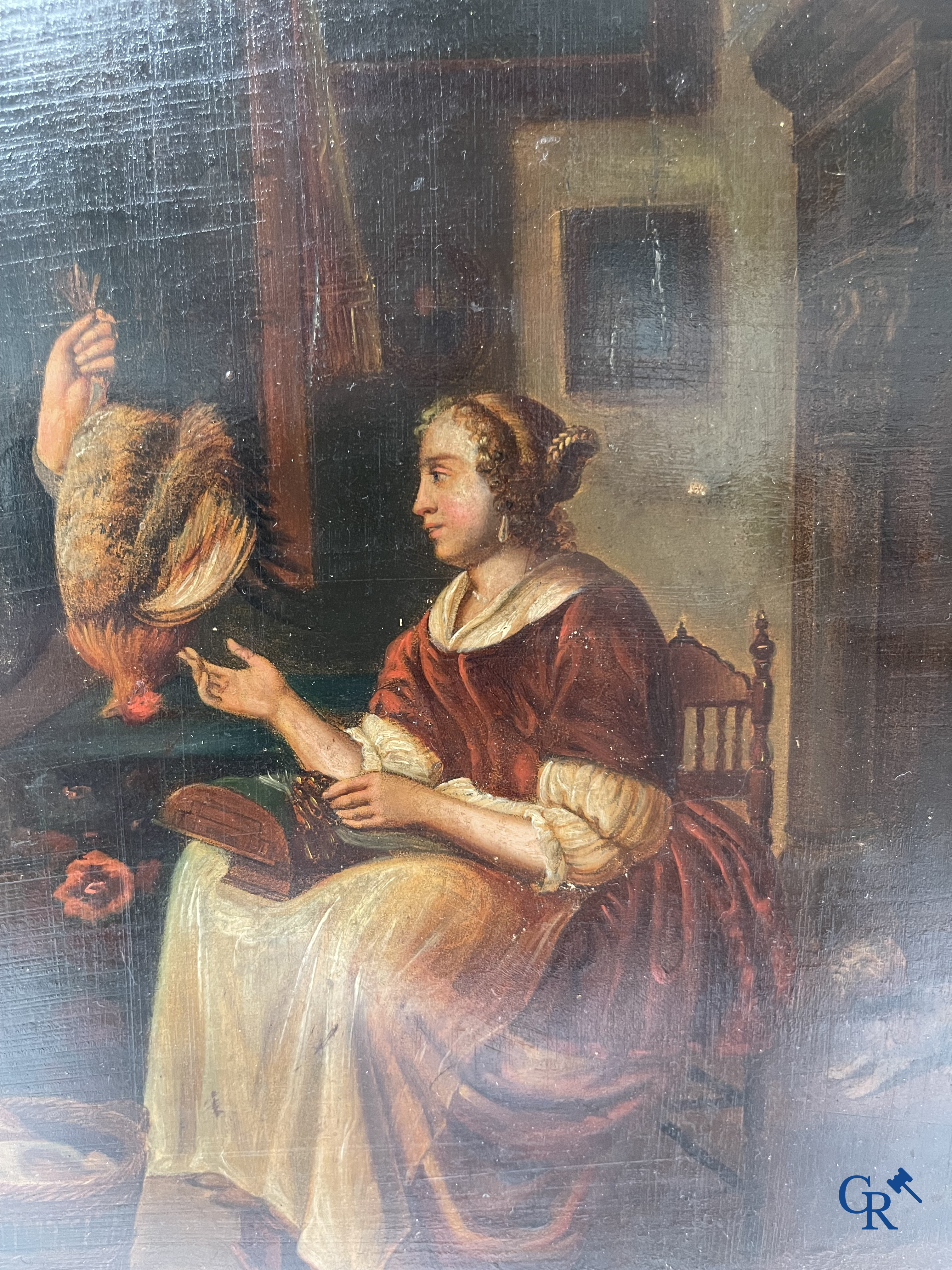 Flemish school, interior scene with chicken farmer, oil on metal.