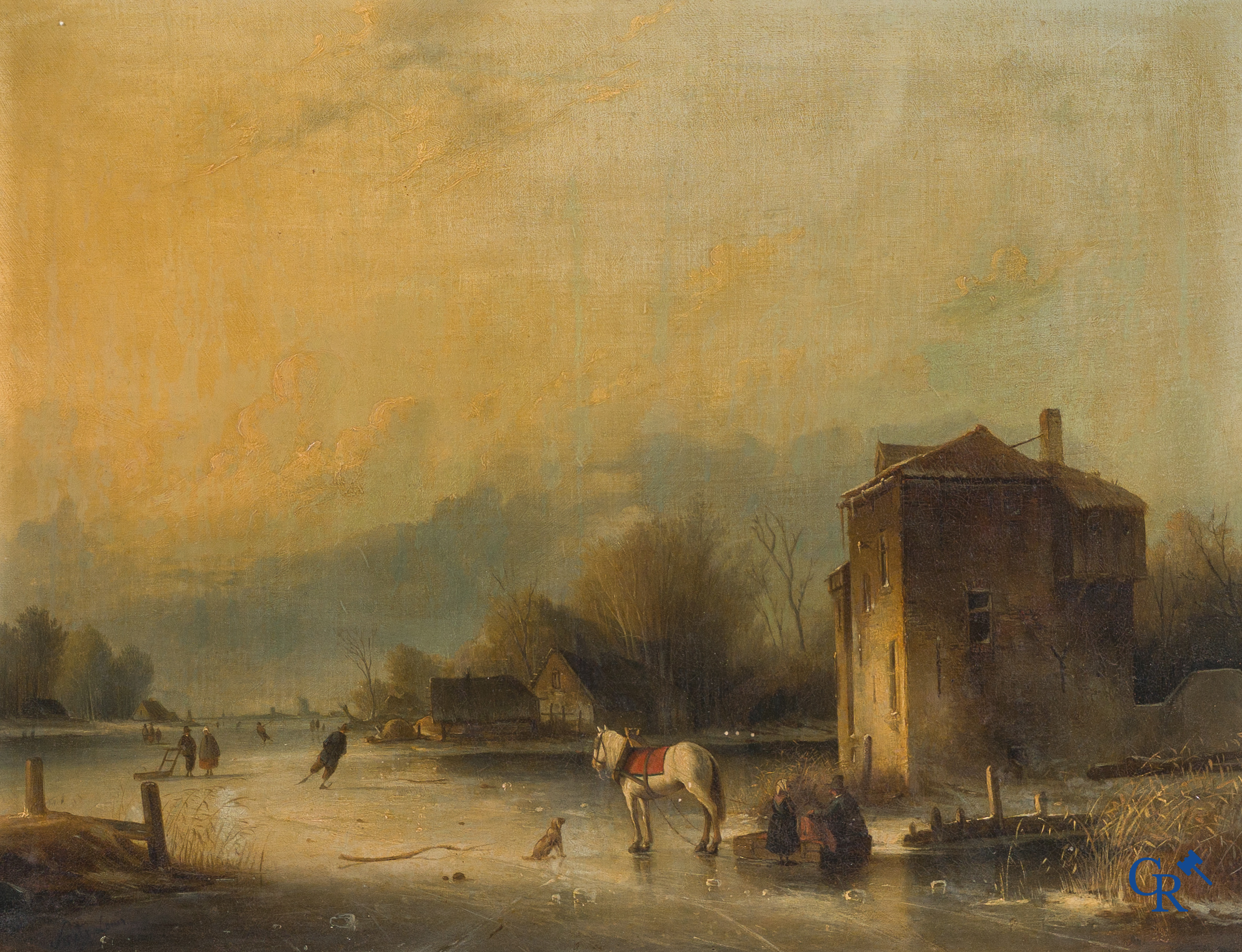 Smets Louis, (1840-1896) Winter water landscape with characters and a horse on the ice. Oil on mahogany.