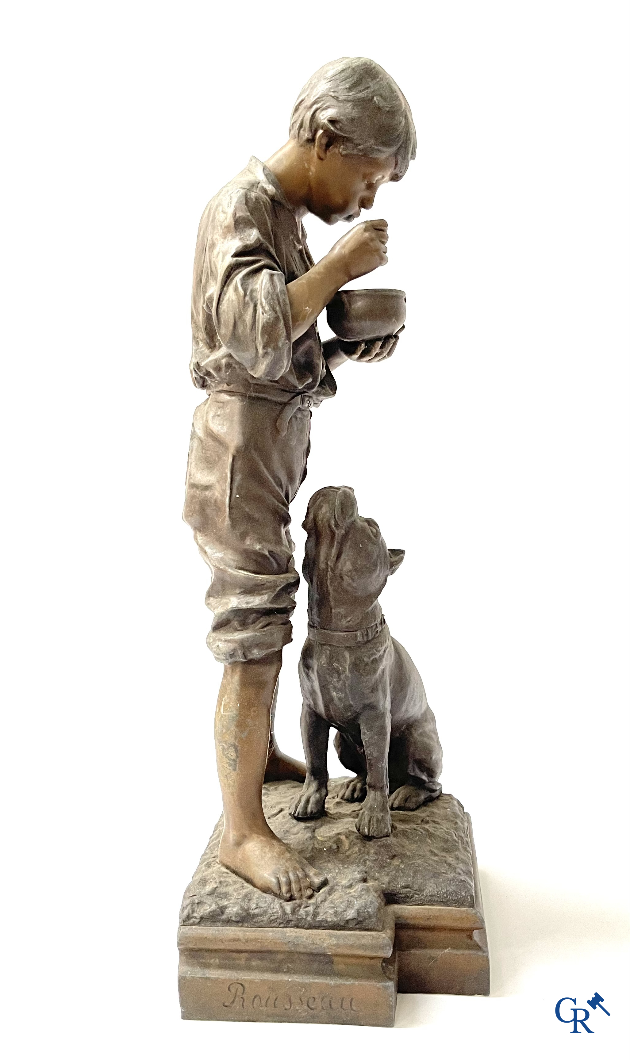 A lot of 3 sculptures in spelter. Anatole Guillot, Emile Bruchon, Rousseau. Circa 1900.