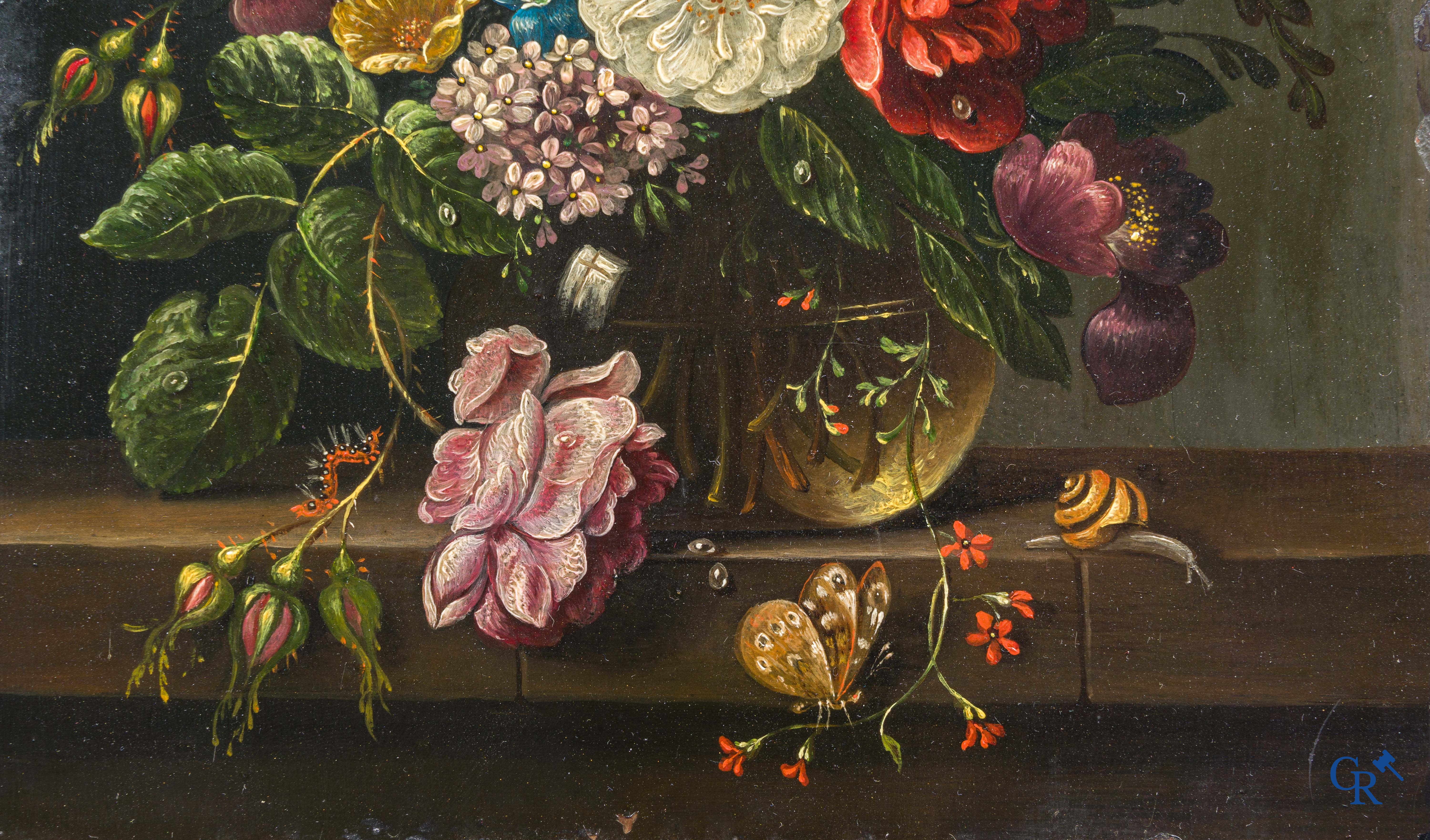 Peinture. Nature morte aux fleurs et aux insectes. Huile sur cuivre. 18e-19e siècle.