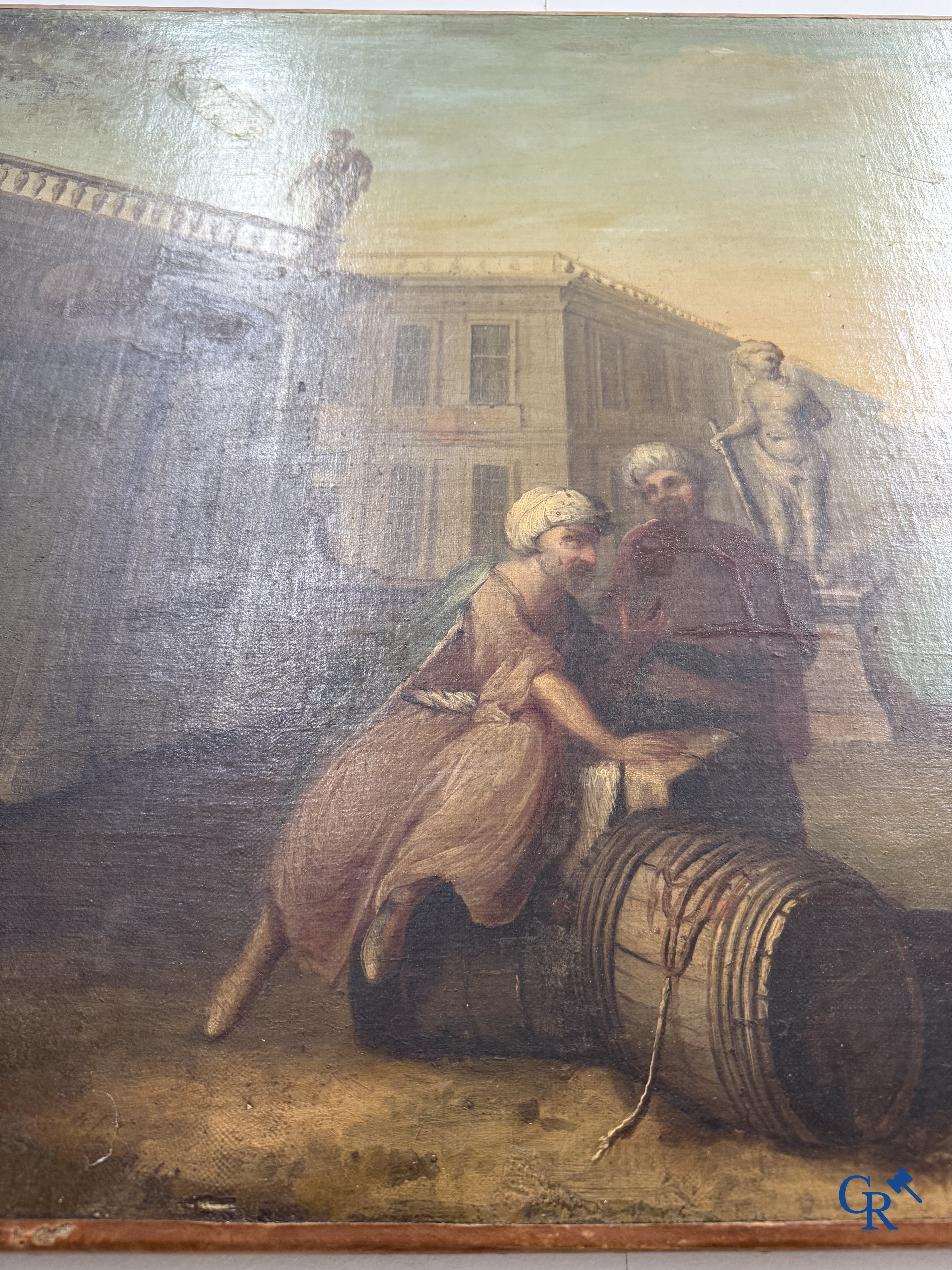 Schilderij. Havenzicht met een Hollands vlaggenschip. Olie op doek, 18e eeuw.