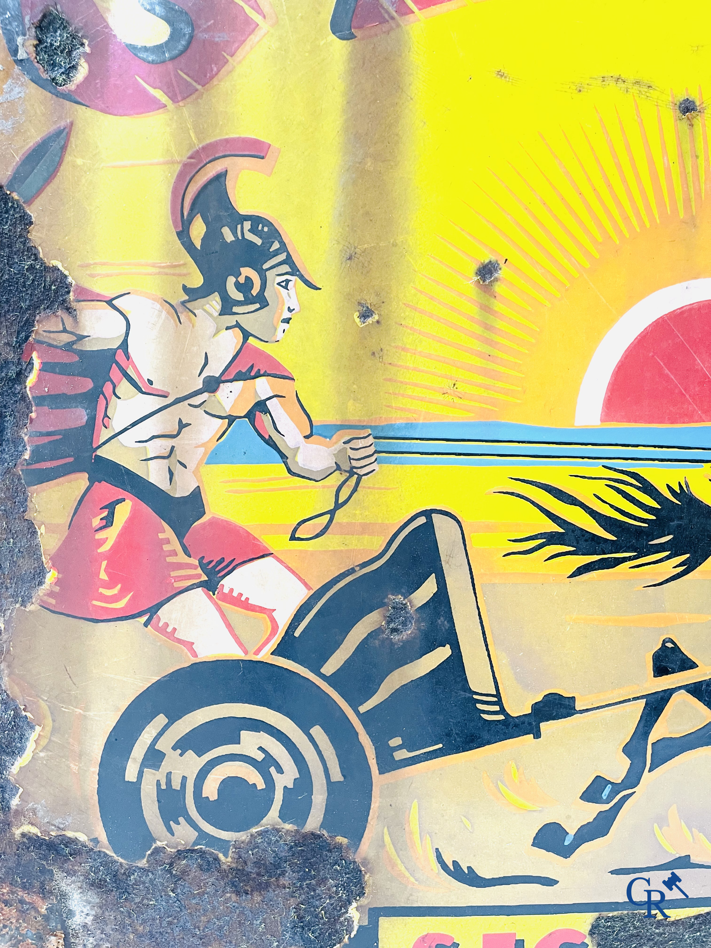 Gladia sigaretten, enamel publicity sign with a gladiator in chariot. Dated 1928.