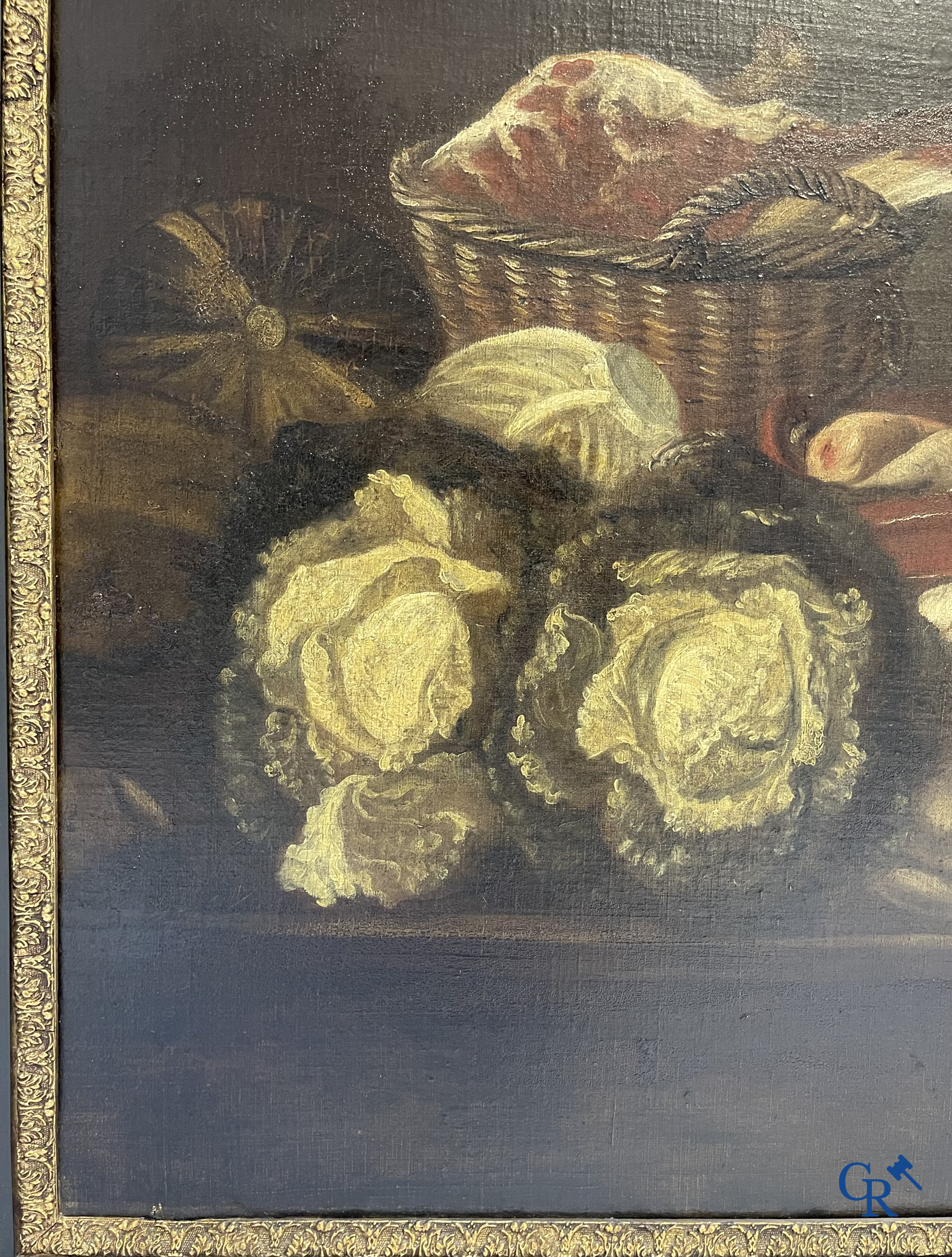 Schilderij, olie op doek. Stilleven met groenten, vlees en gevogelte. 18e eeuw.
