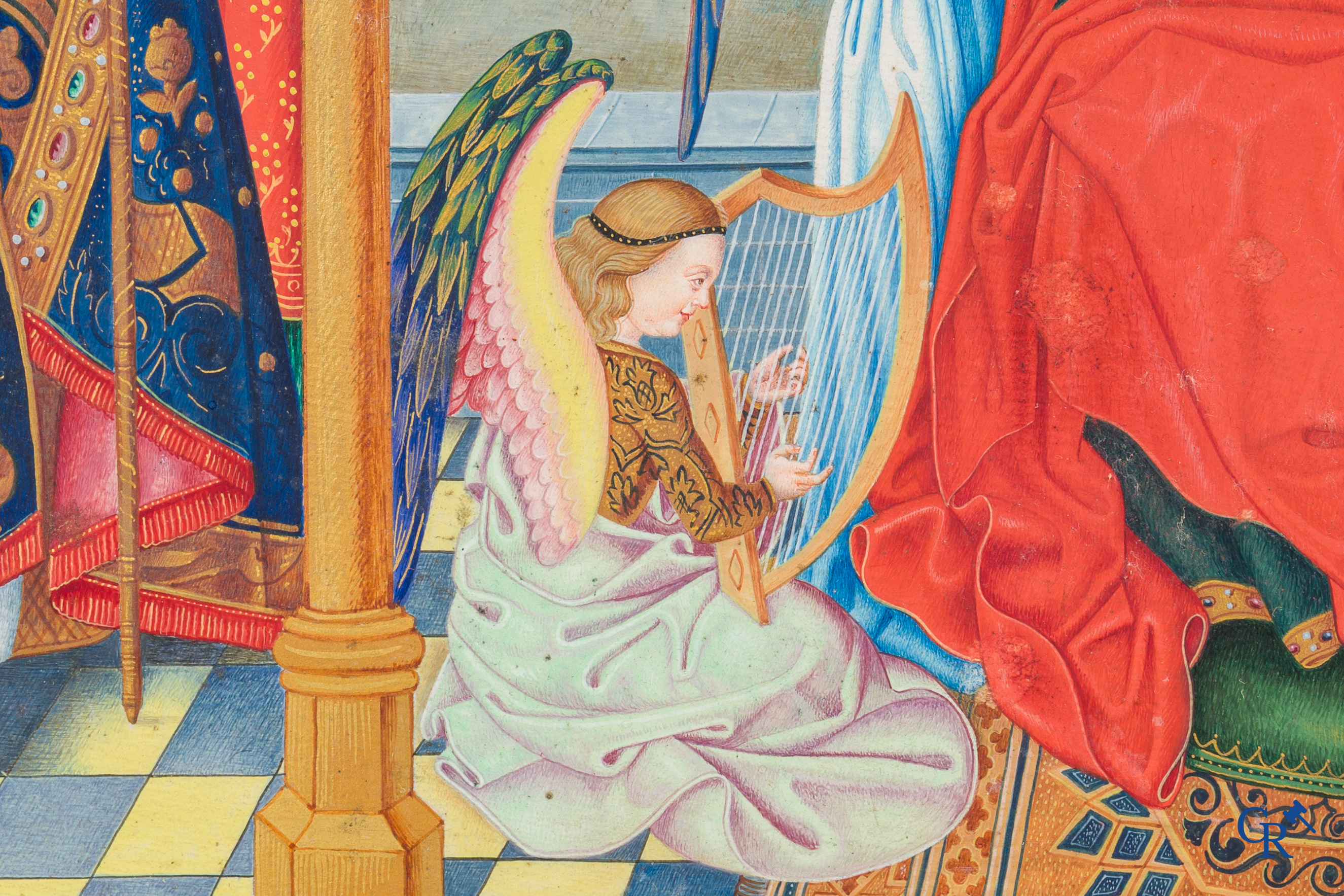 Uitzonderlijk miniatuurschilderij, Madonna en kind met de engelen. In de stijl van de Vlaamse Primitieven. 19e eeuw.