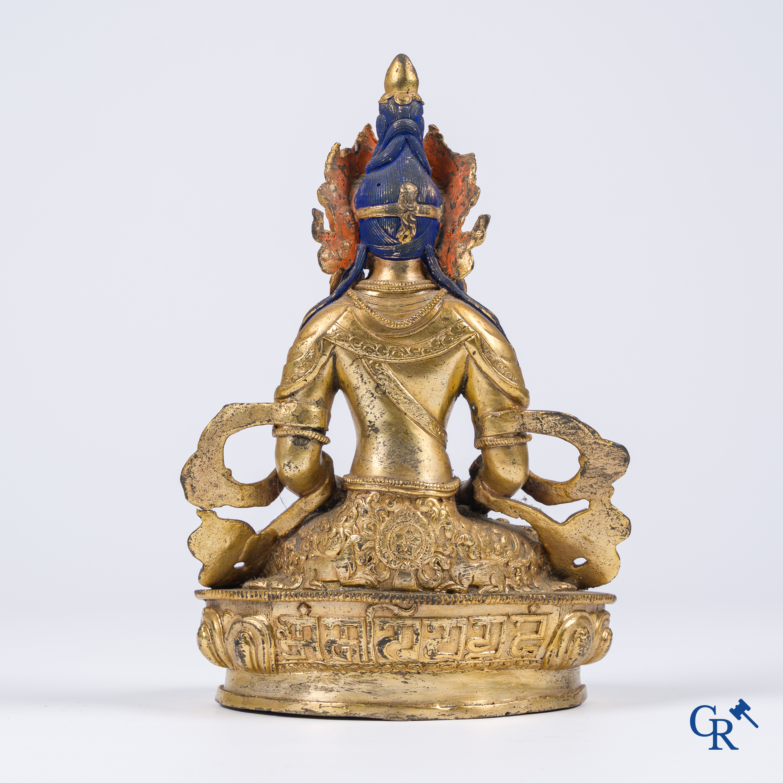 Asian Art, Tibet, a Chinese gilded Buddha Amitayus. Bronze with turquoise and coral inlay.