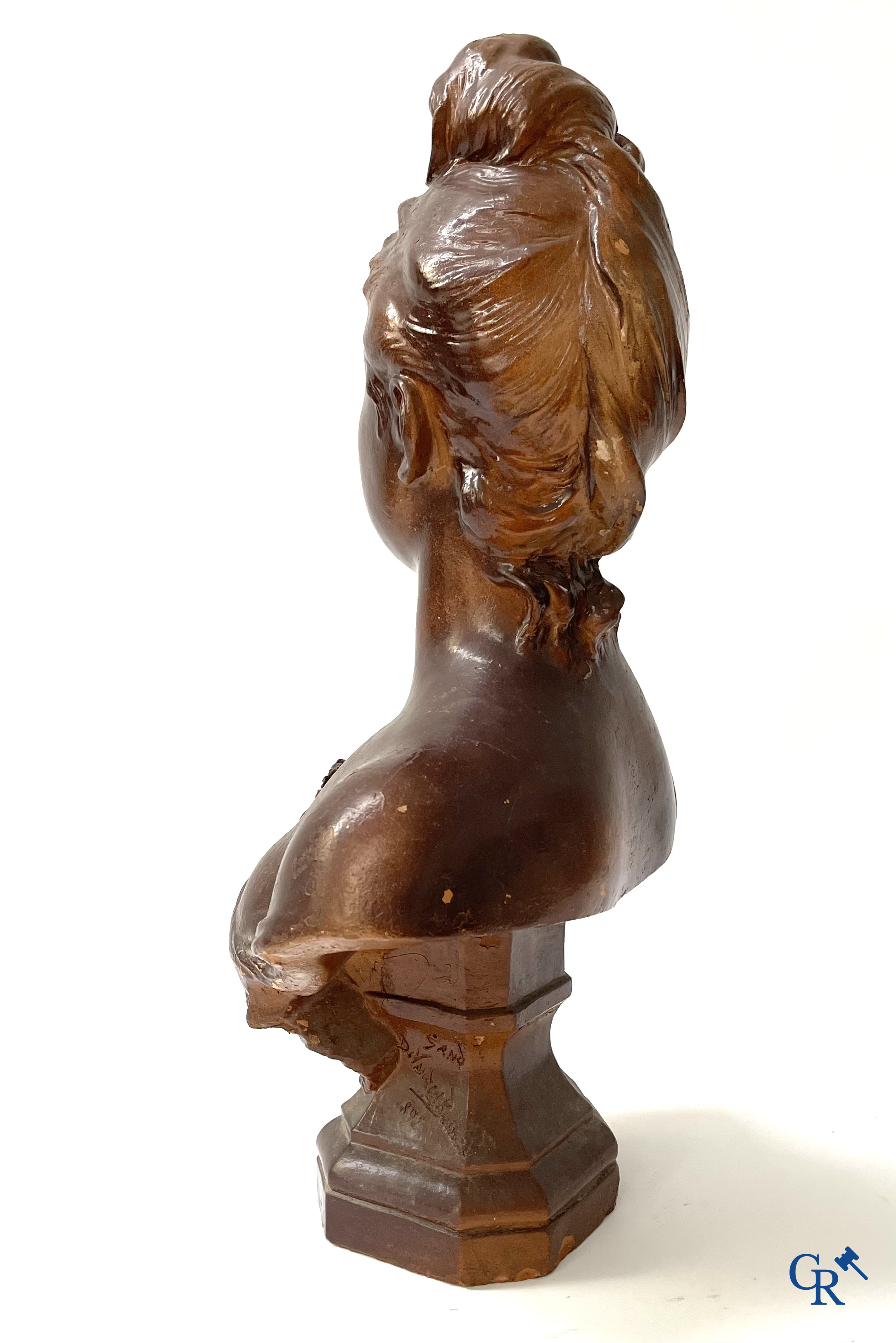 Don Van Den Bossche. Diane, bust in patinated terra cotta. Signed and dated Gand 1892.