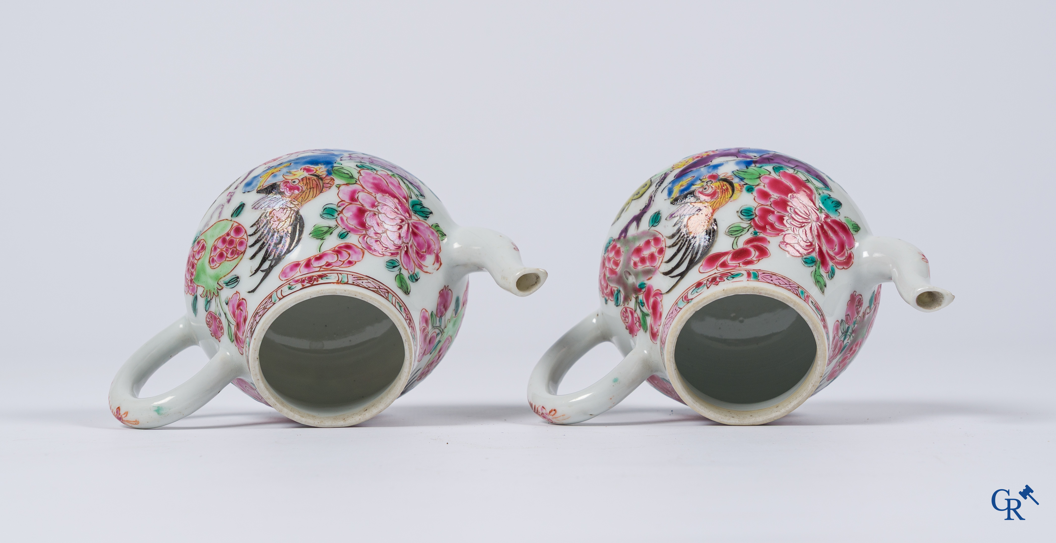 Asian Art, Chinese porcelain. 2 Chinese famille rose teapots with cockerels and cats. 18th century.