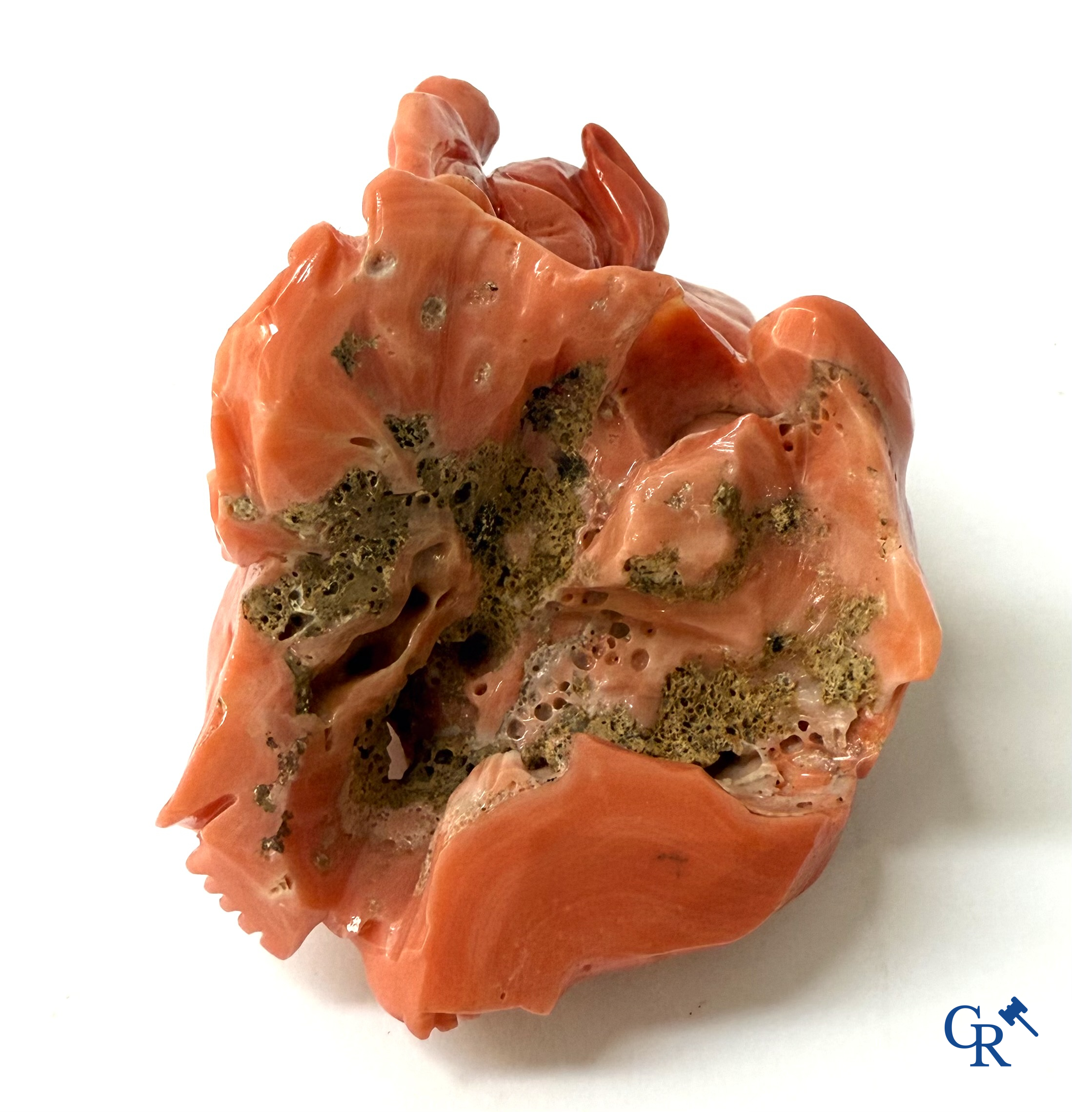 Asian Art, a Chinese carved red coral Buddha figure with child.