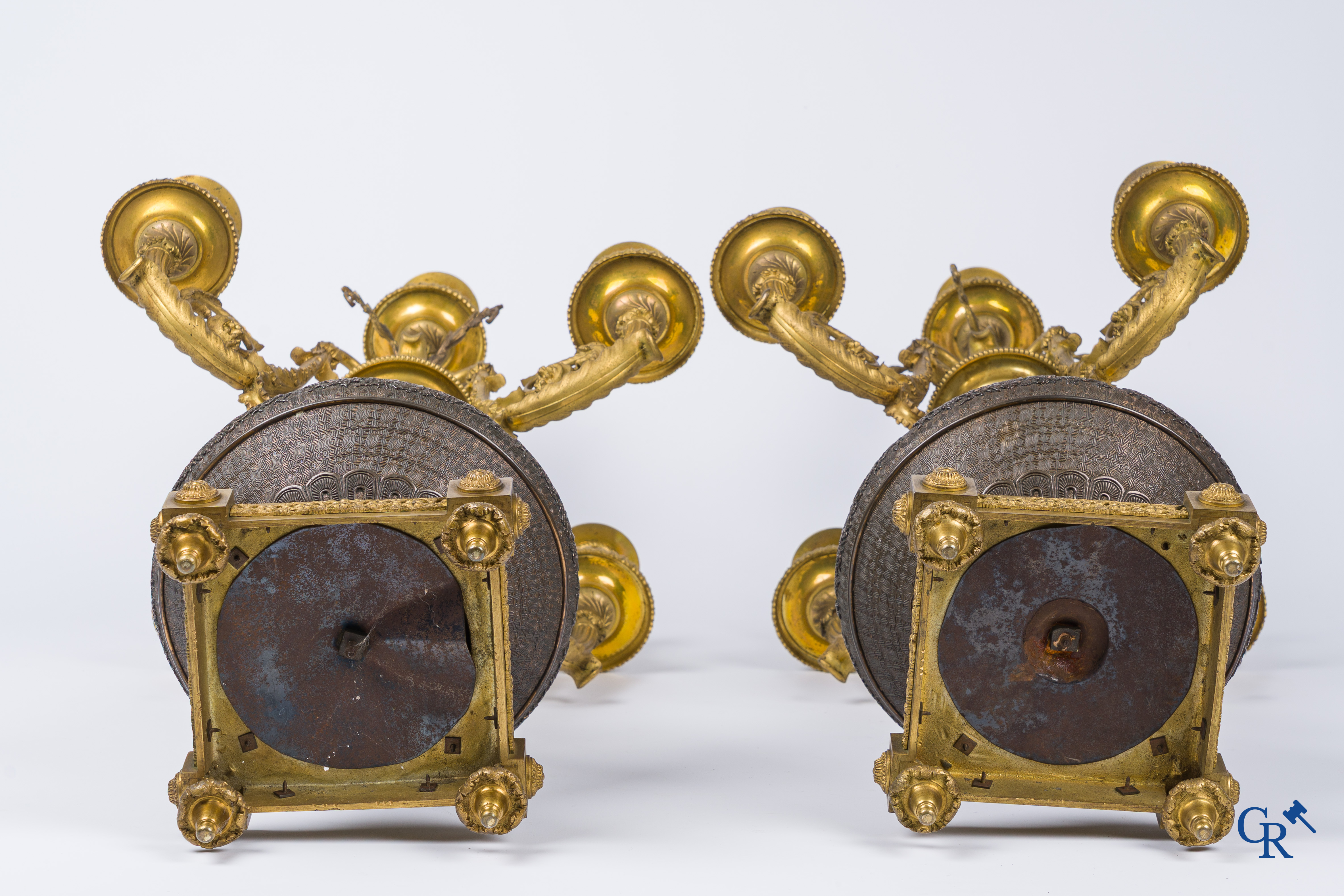 Asian Art, A pair of bronze candlesticks with finely crafted Oriental vases with dragons, circa 1880.