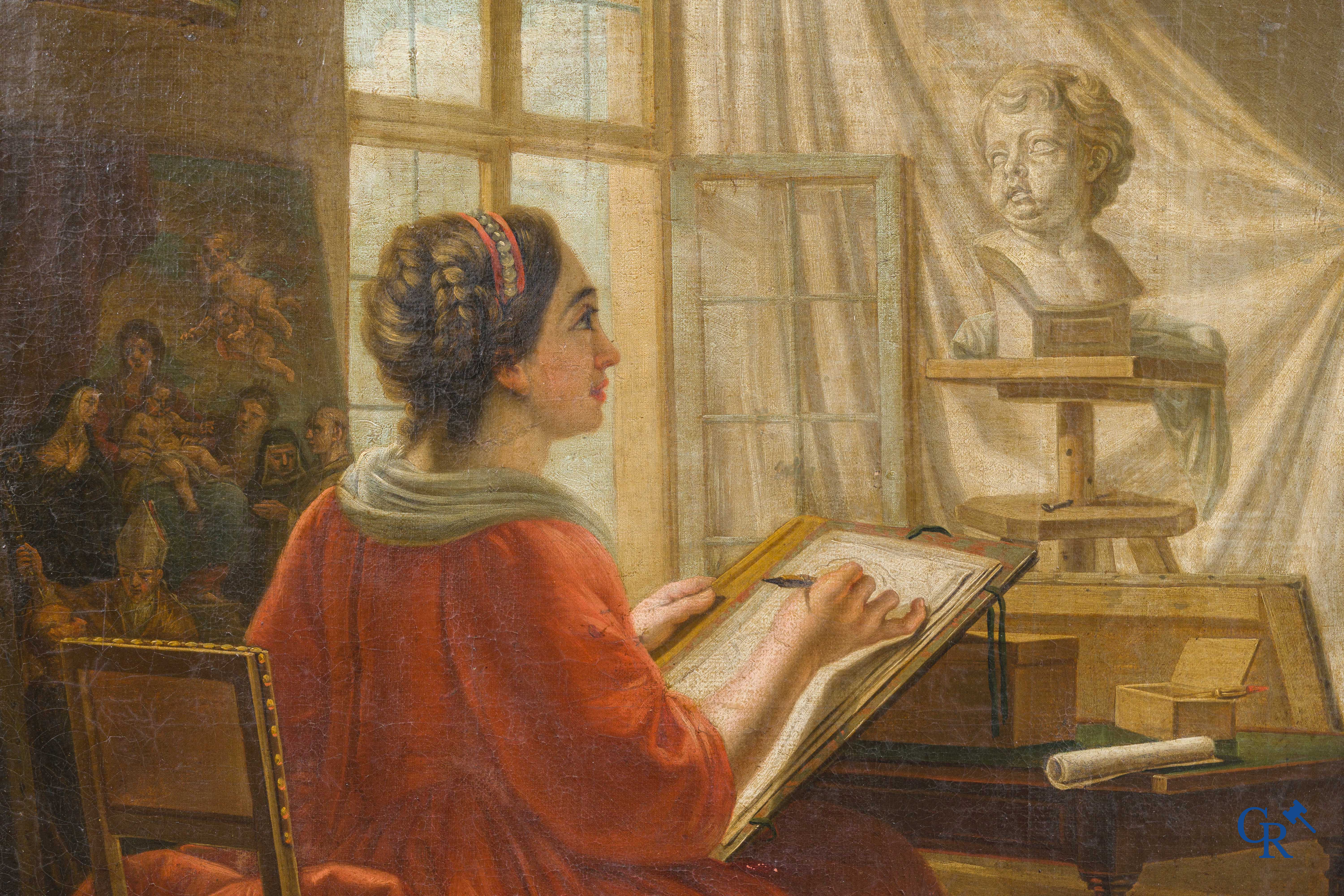 Franse school. "De tekenles". Schilderij, olie op doek. 19e eeuw.