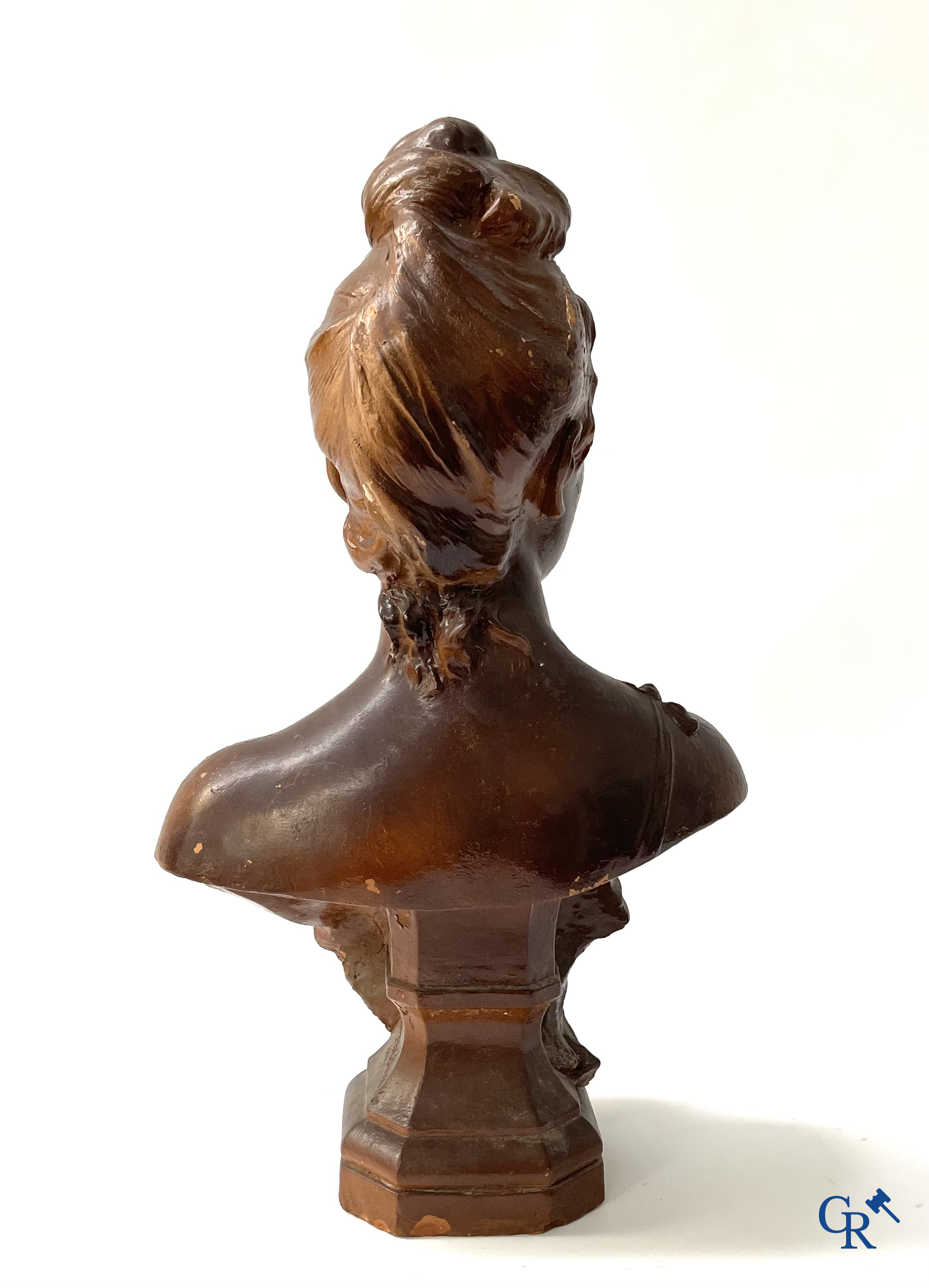Don Van Den Bossche. Diane, bust in patinated terra cotta. Signed and dated Gand 1892.