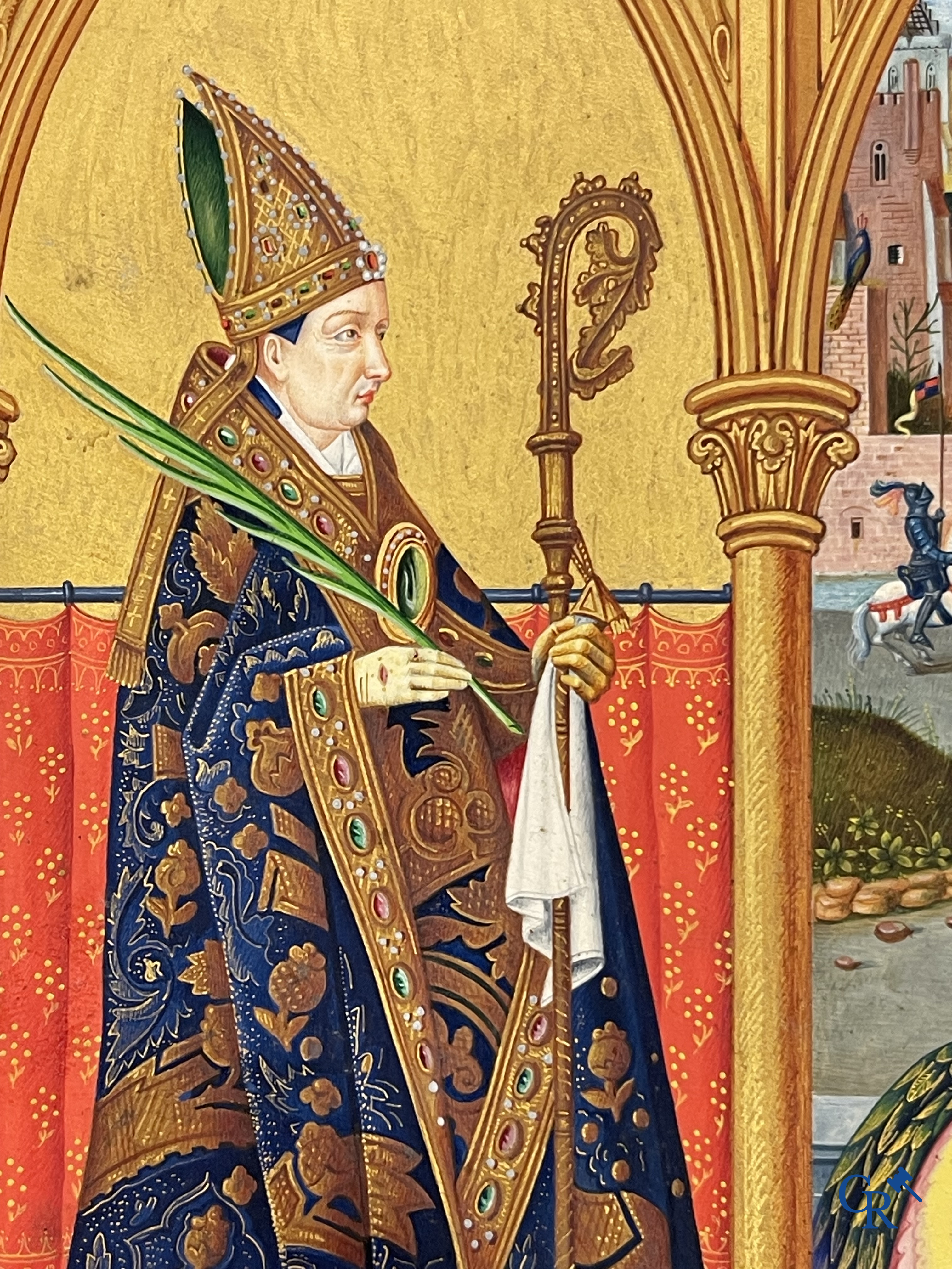 Uitzonderlijk miniatuurschilderij, Madonna en kind met de engelen. In de stijl van de Vlaamse Primitieven. 19e eeuw.