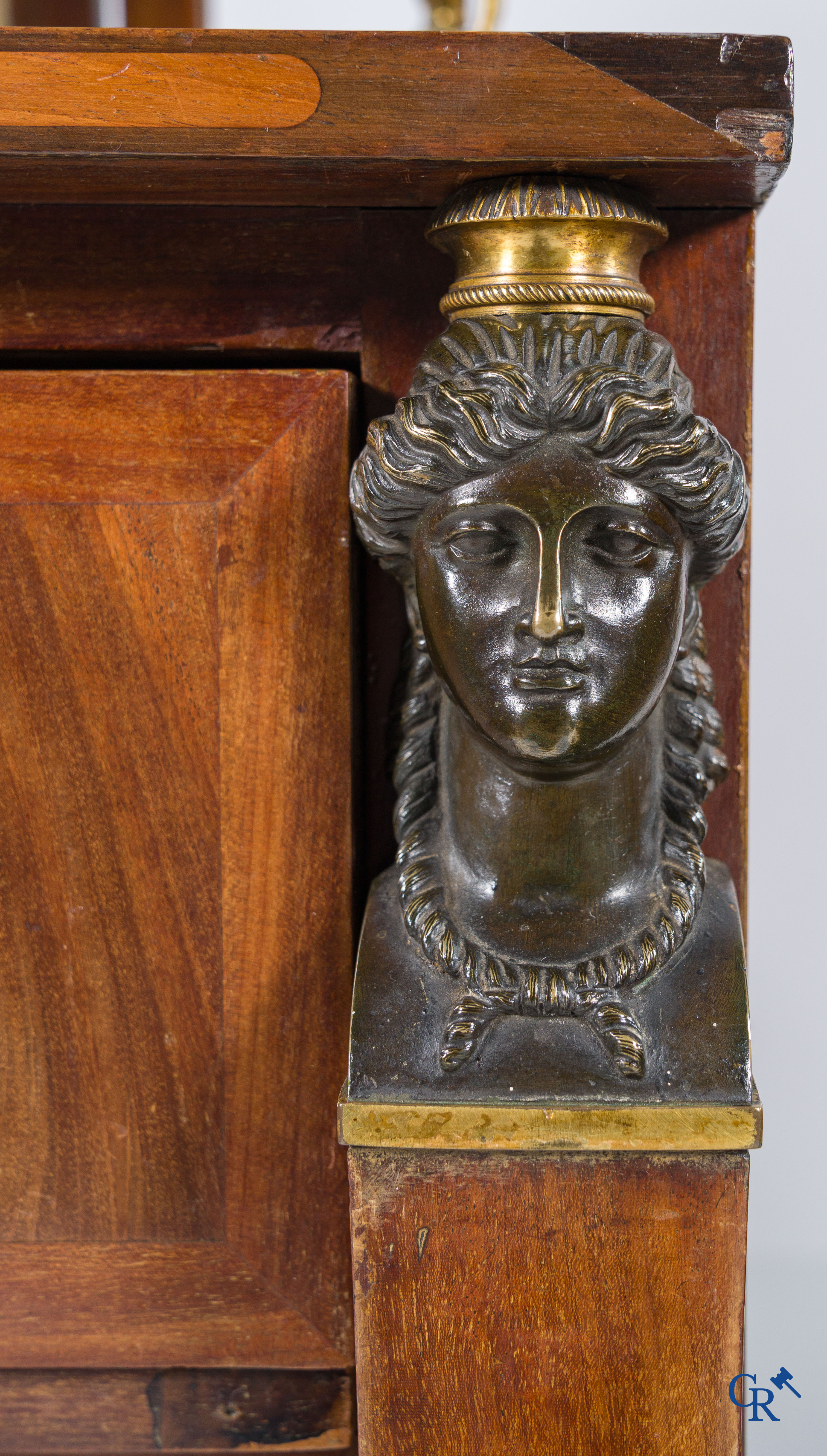 Chapuis, a mahogany wooden men's dressing table and ladies' dressing table with chiseled bronzes. Empire, circa 1810.