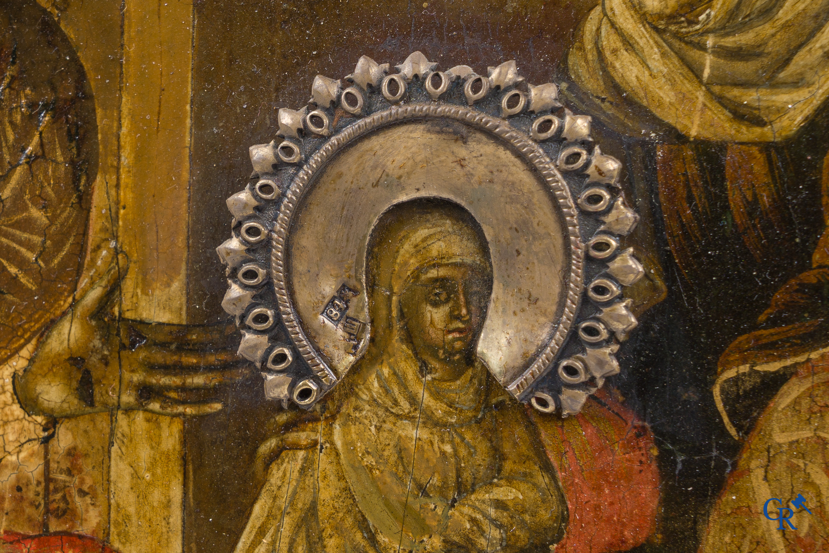 Russian work. The birth of Jesus. Important Russian icon with silver oklad. Silver grade 84 and dated 1883.