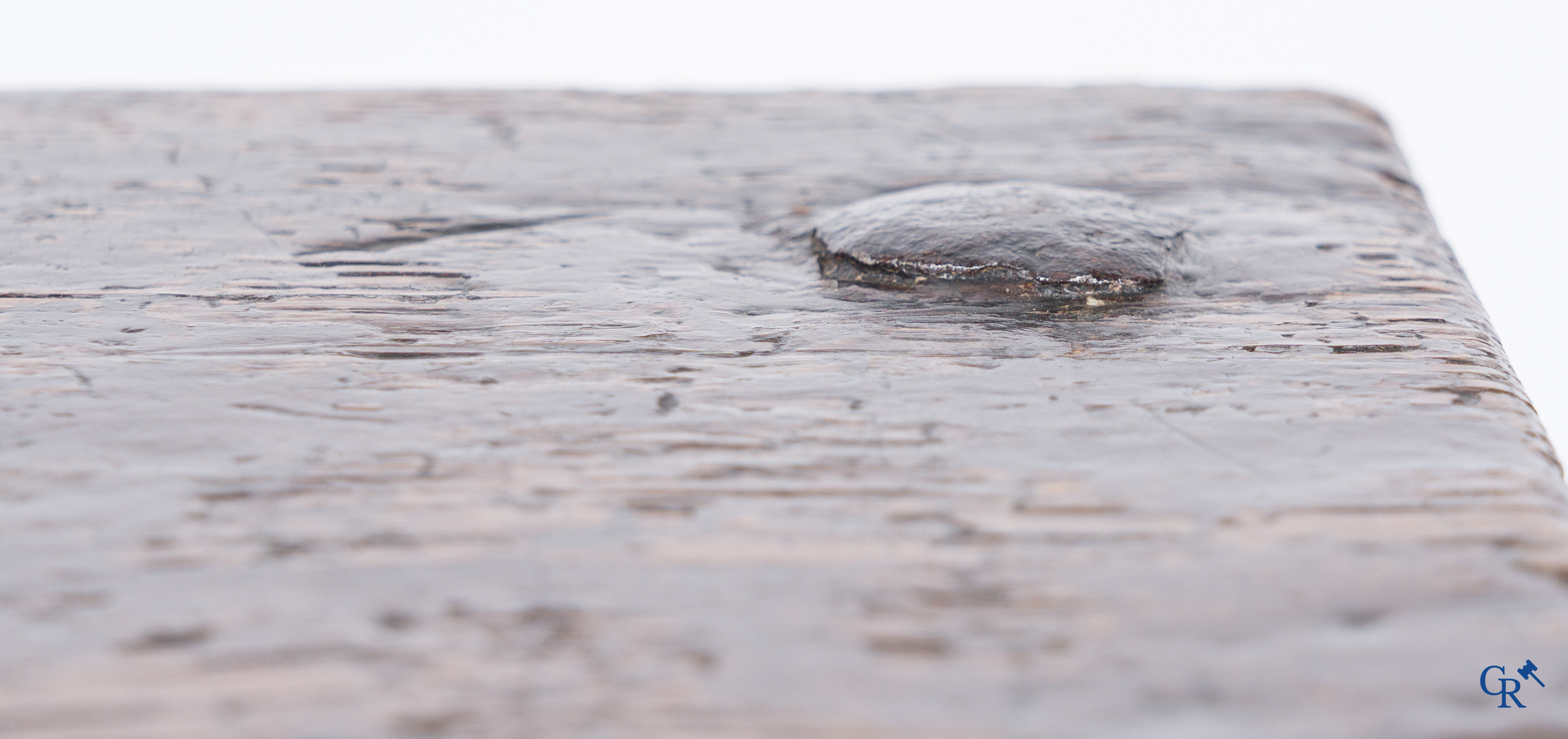 Gotiek. Een Gotische eikenhouten gesculpteerde koffer met zijn slotwerk in smeedijzer. 2de helft 15e eeuw.