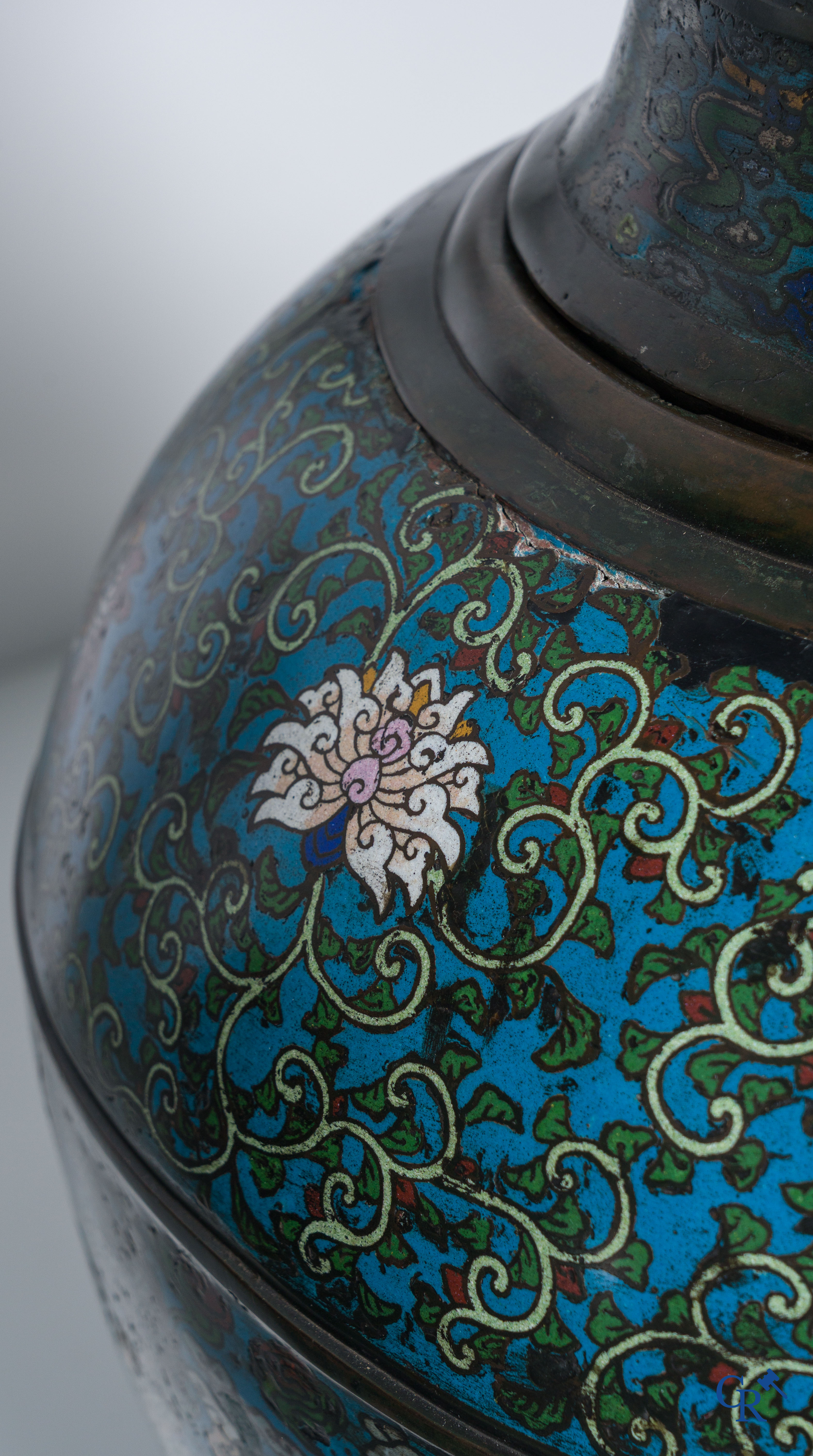 Aziatica, een imposant paar vazen in Champlevé met een decor van draken, lotusbloemen en feniksen, 19e eeuw.