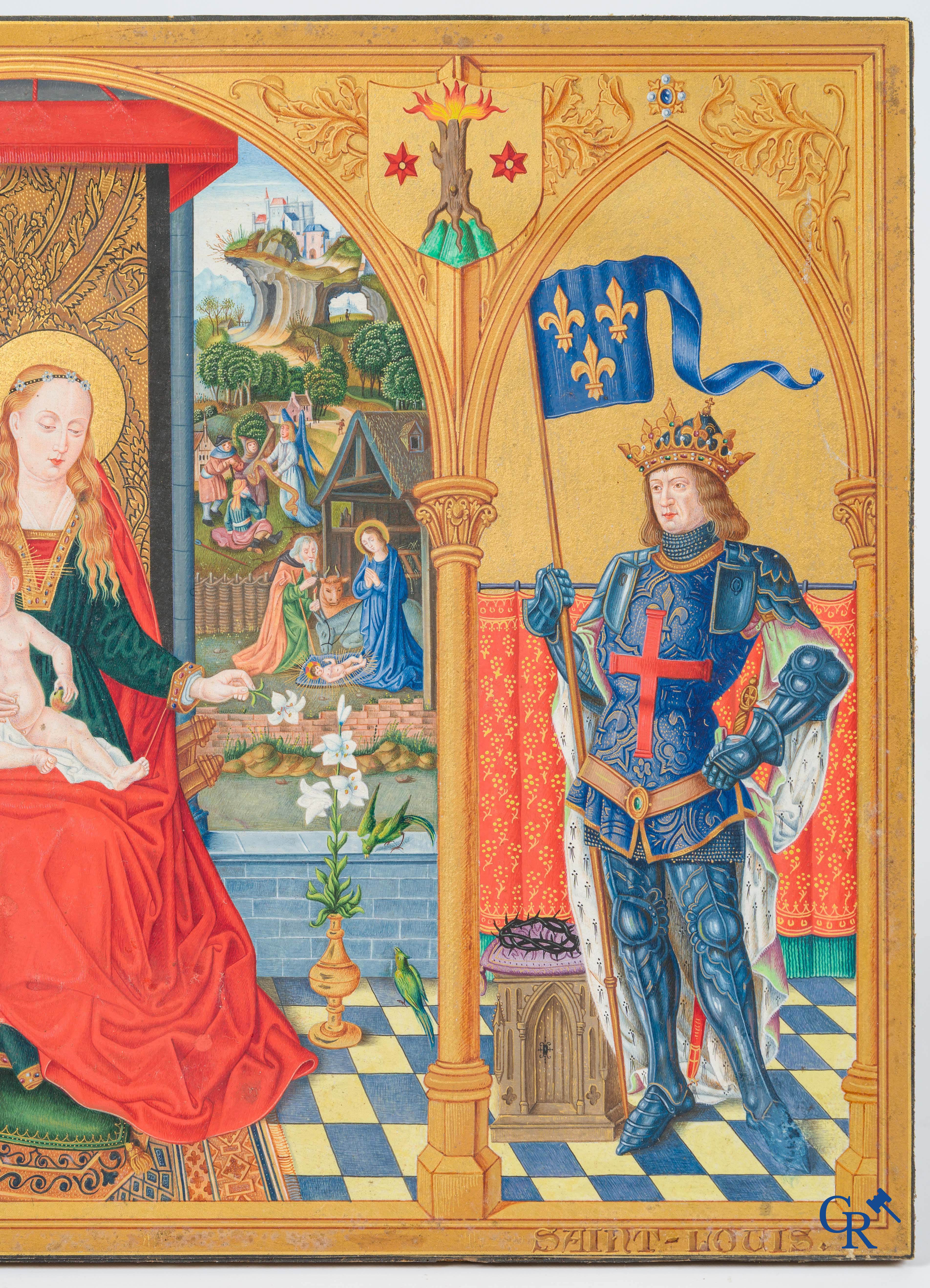 Uitzonderlijk miniatuurschilderij, Madonna en kind met de engelen. In de stijl van de Vlaamse Primitieven. 19e eeuw.